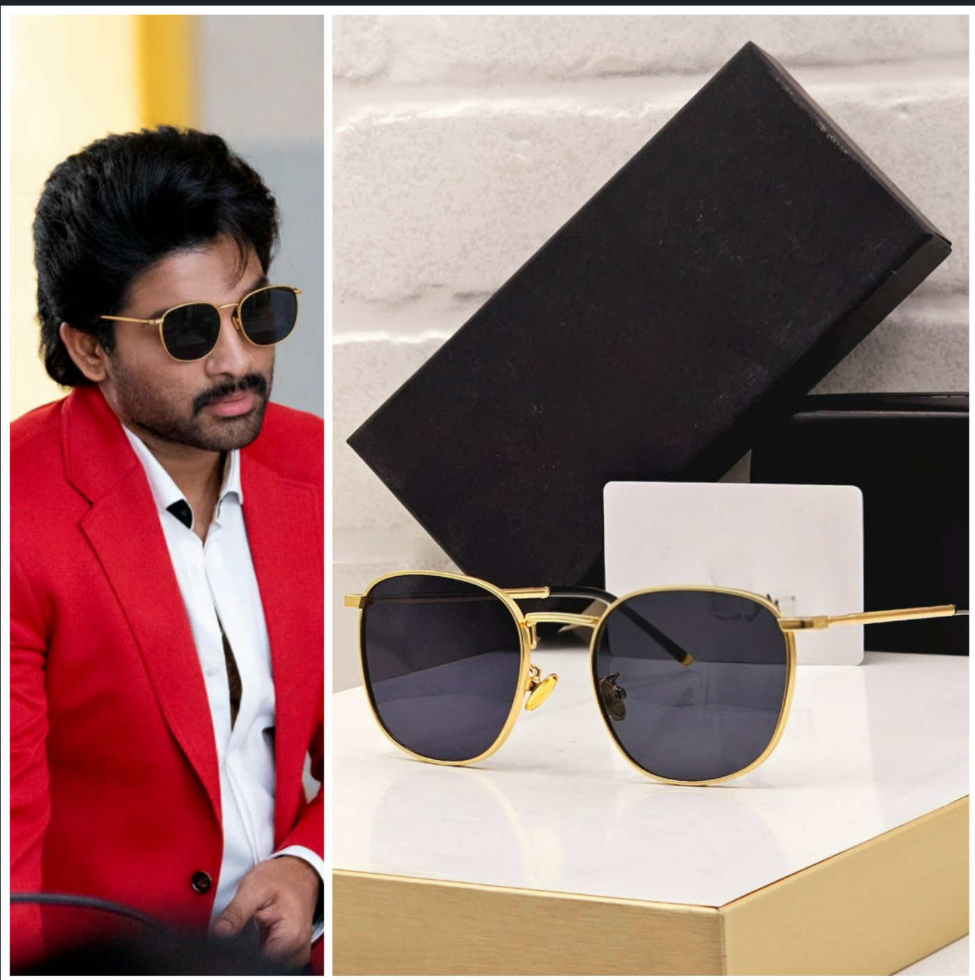 Collage showing the bold round sunglasses next to South Indian star Allu Arjun wearing a similar style.