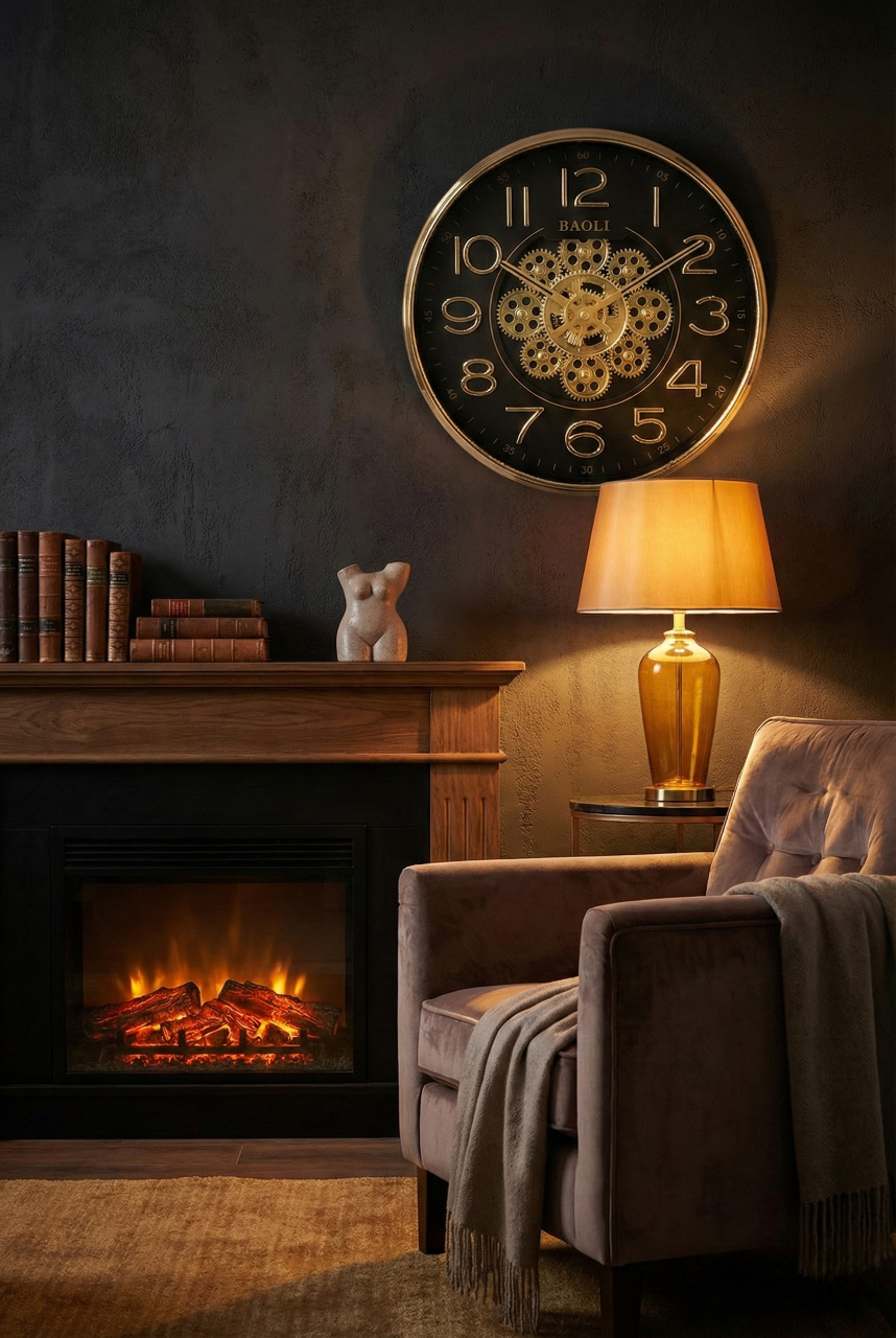 Cozy living room with a fireplace, armchair, and decorative clock.