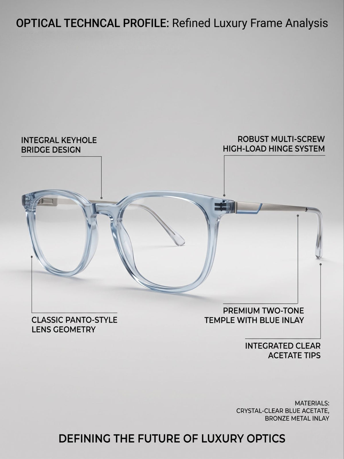Crystal blue transparent square eyeglasses feature overview