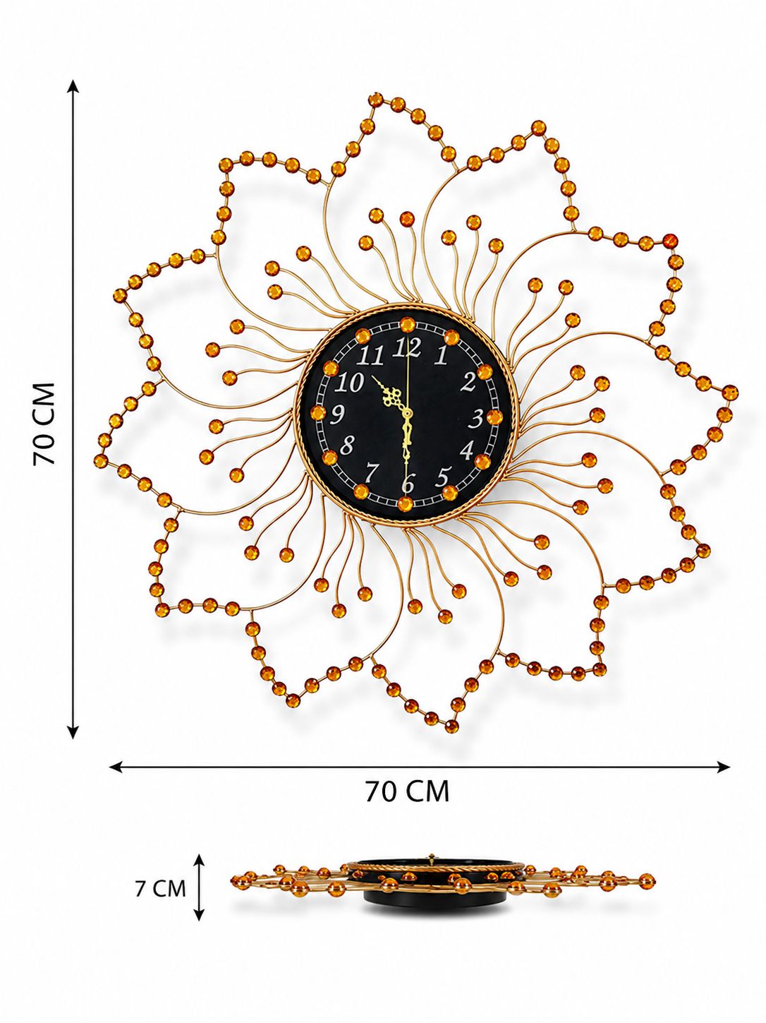 Crystal flower wall clock dimensions showing 70 cm width, 70 cm height and 7 cm depth
