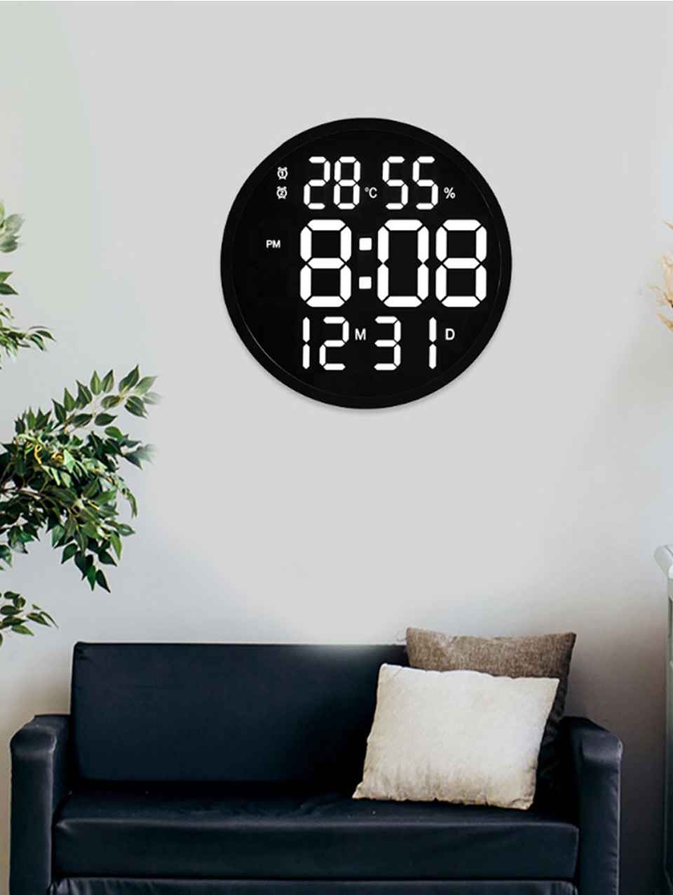 Modern Digital Wall Clock with Temperature & Humidity Display – Large LED Display, Remote Control, Alarm, and Brightness Adjustment