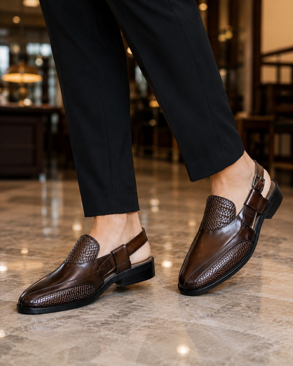 Dark brown ethnic sandals with premium woven detailing