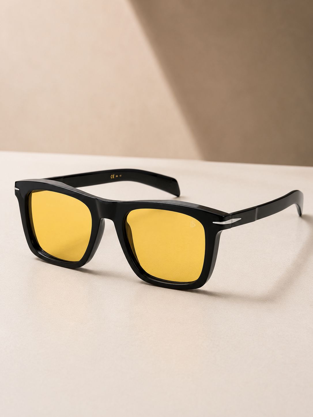 David Beckham inspired men's black square sunglasses with yellow lenses — front three-quarter product view