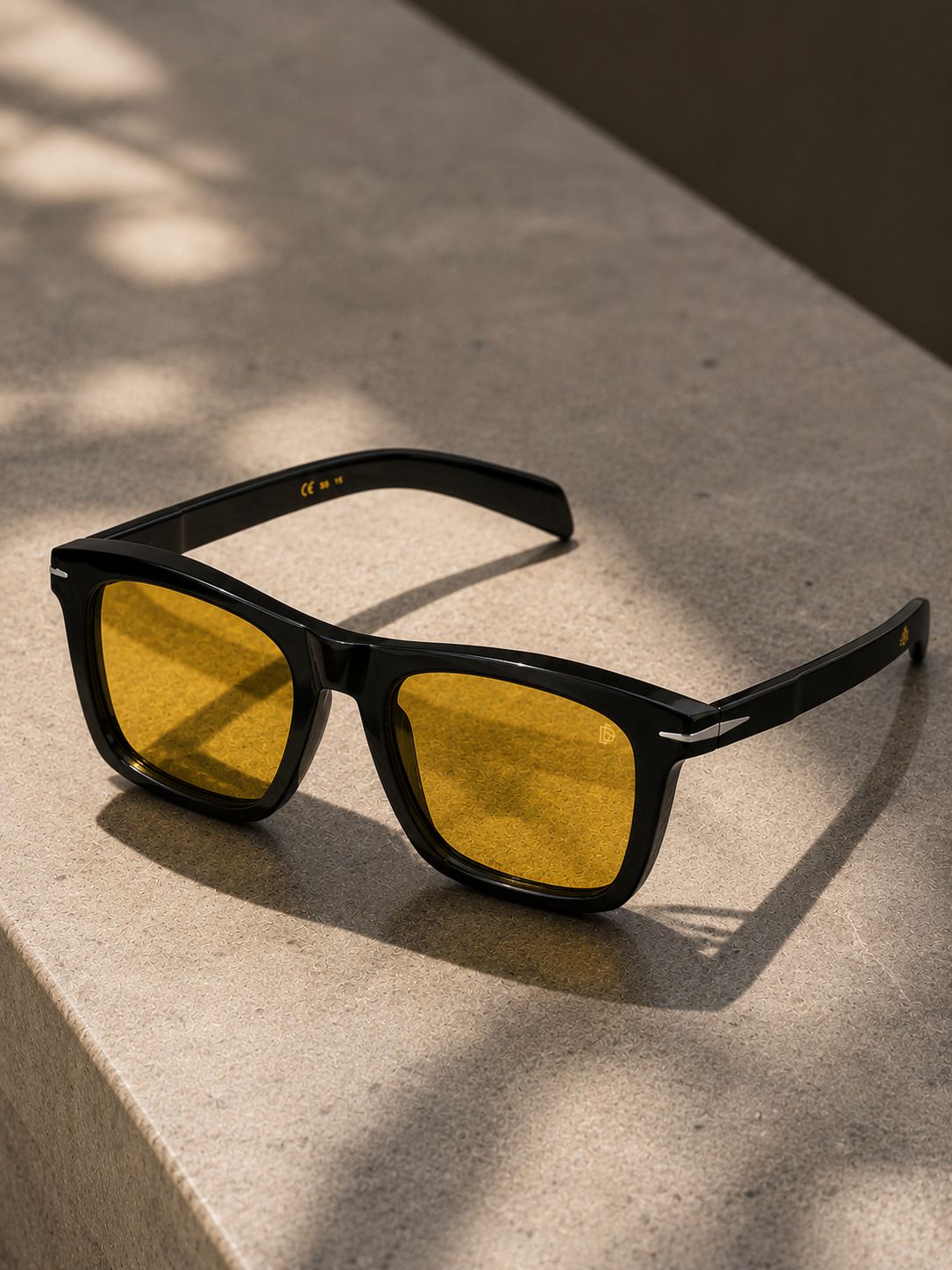David Beckham style inspired black square sunglasses with yellow amber lenses — rear three-quarter view