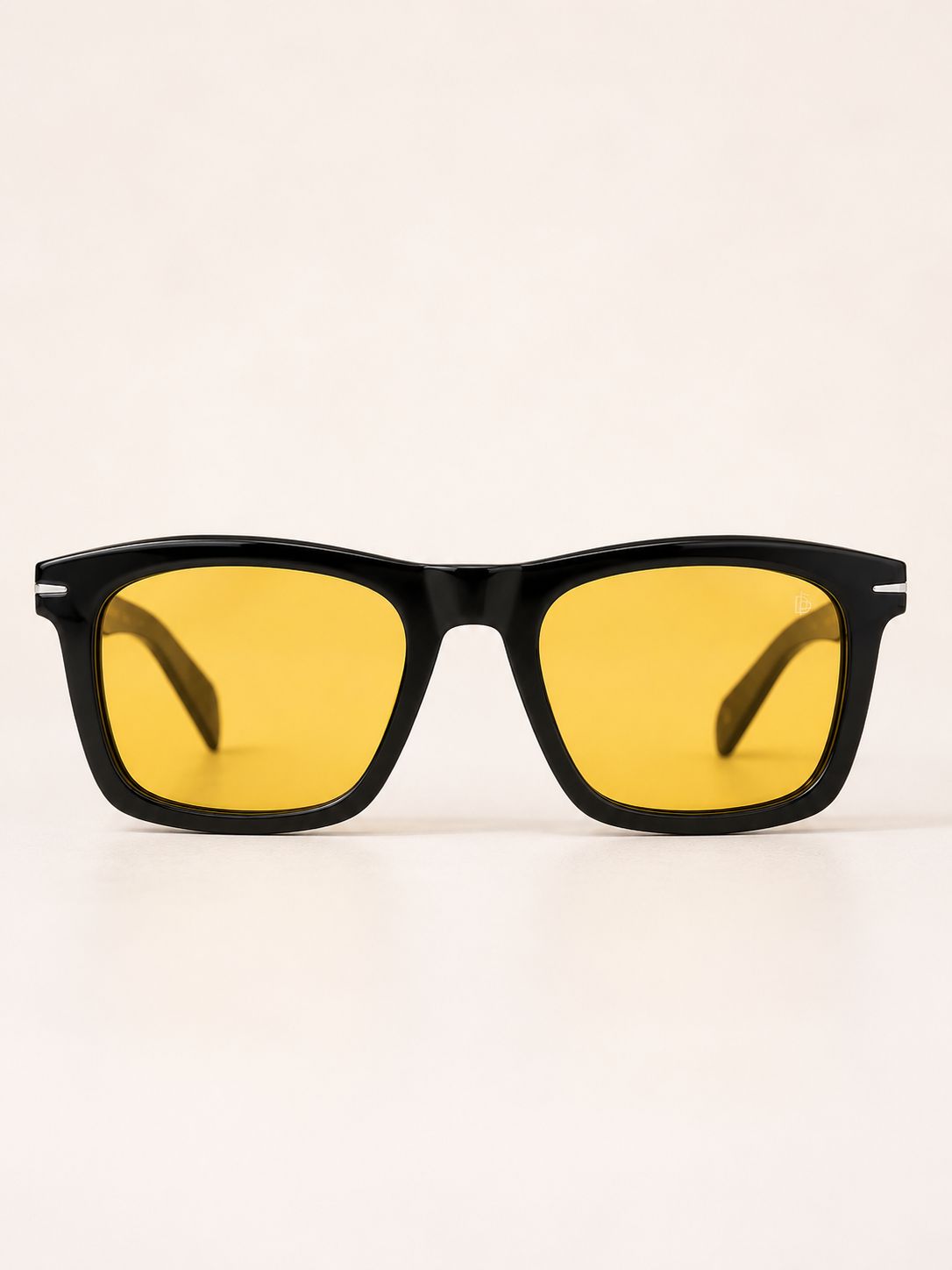 David Beckham style inspired black sunglasses with yellow amber lenses — front product photograph