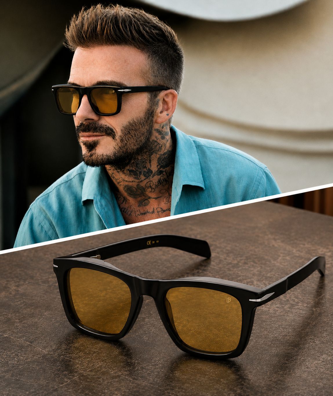David Beckham style inspired men's black square sunglasses with yellow amber lenses worn by male model