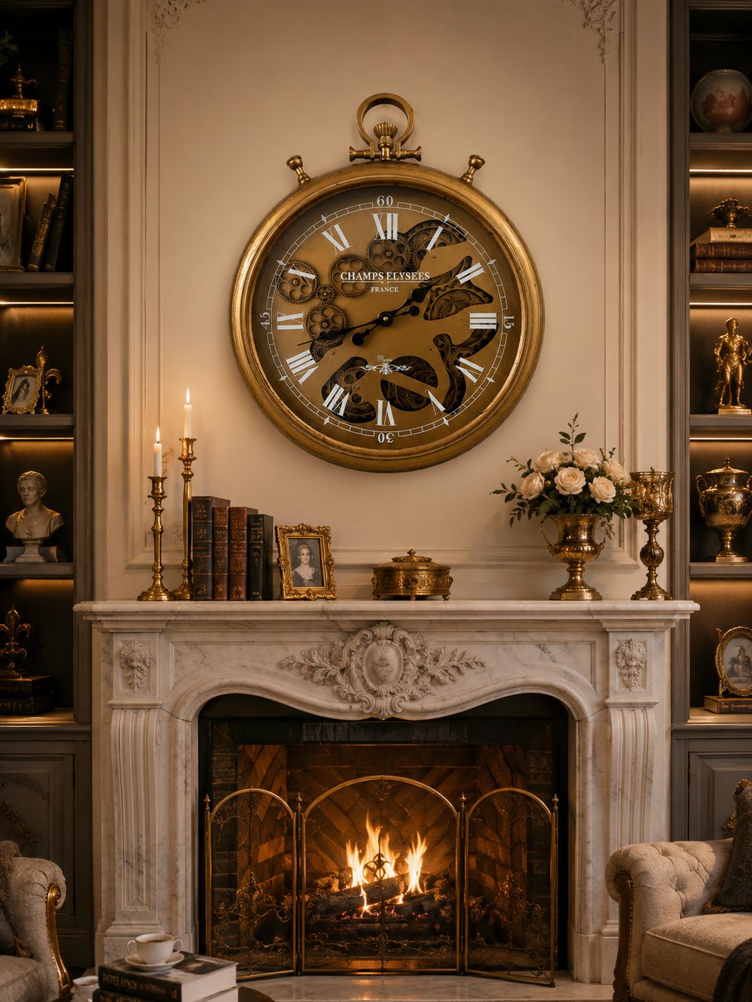 Decorative clock above a fireplace with books and candles on a mantelpiece.
