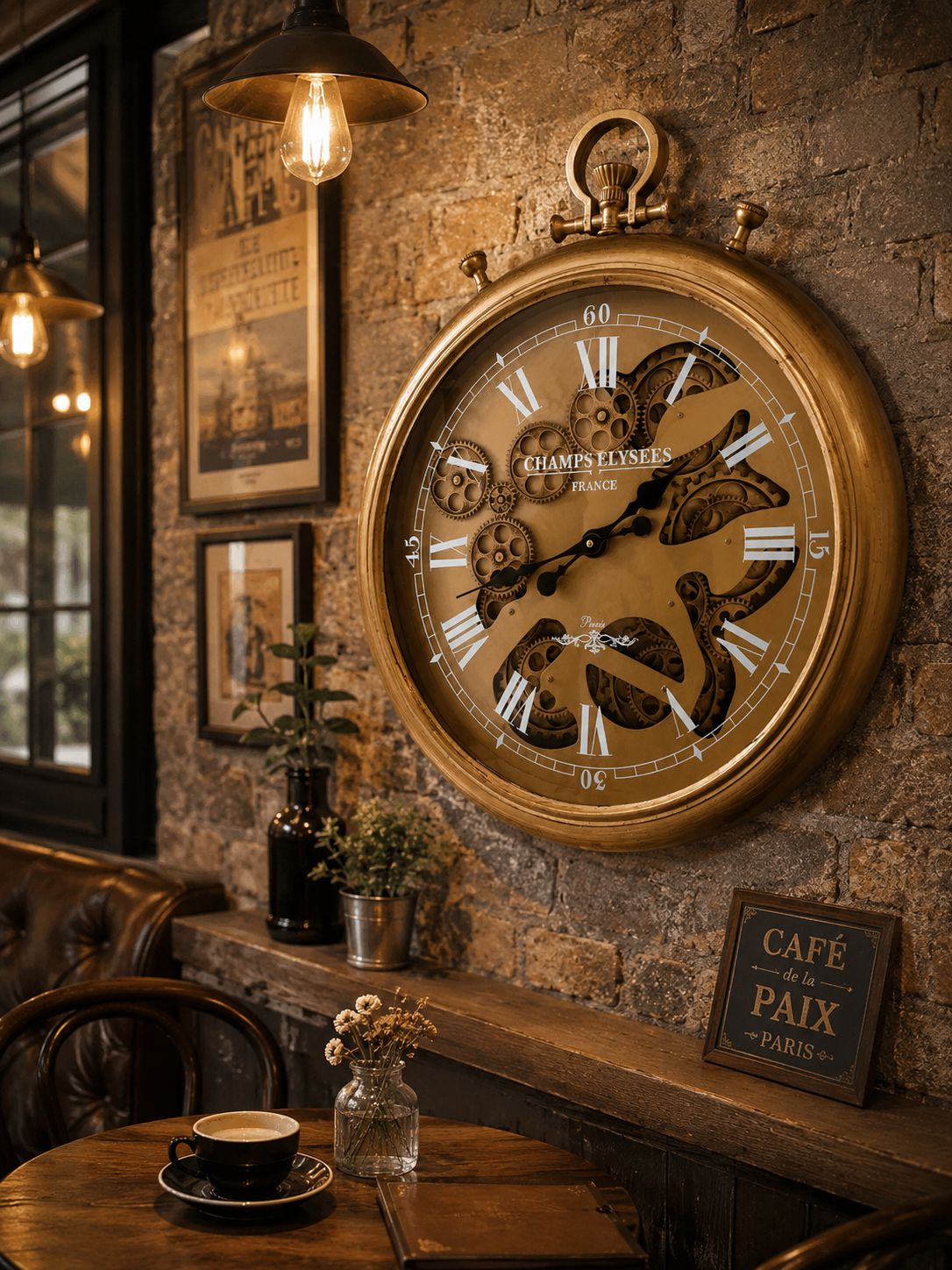Decorative clock on a stone wall in a cozy café setting.