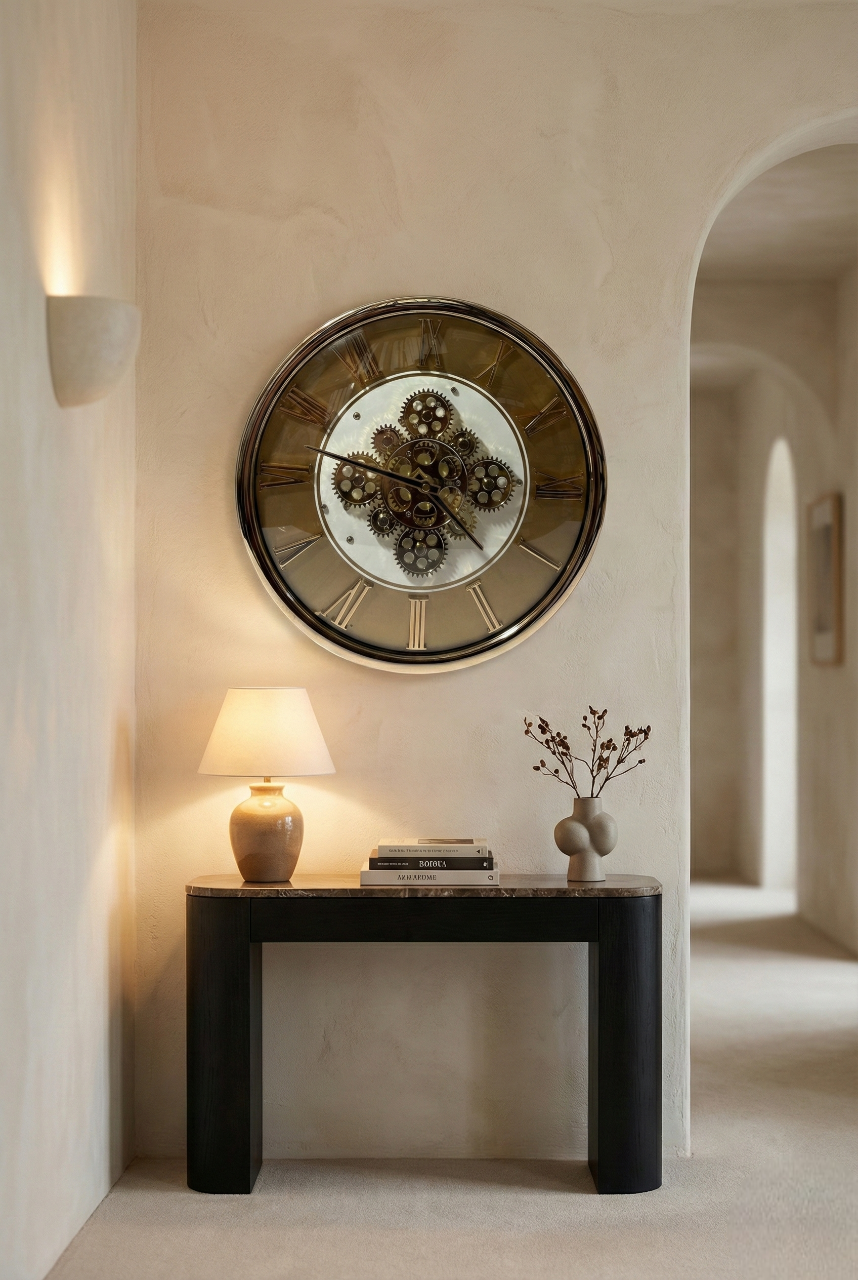 Decorative clock on a wall above a console table with a lamp and vase in a room.