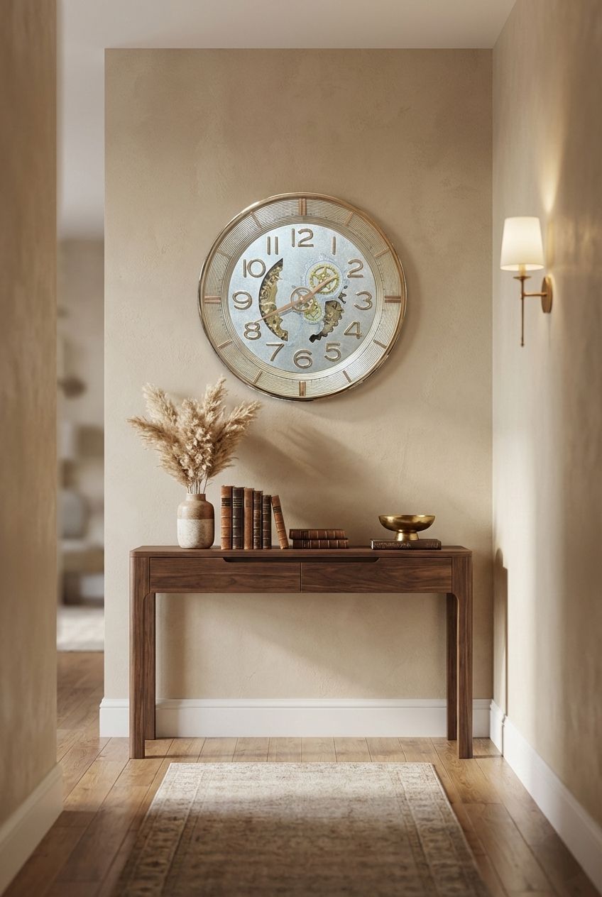 Decorative clock on a wall above a wooden console table with books and decor items.