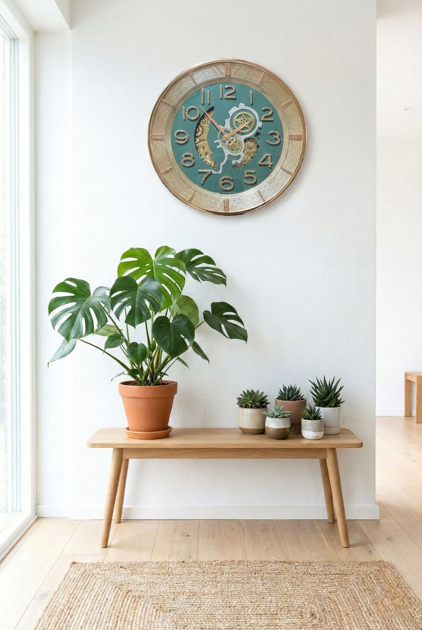 Decorative clock on a wall above a wooden table with plants