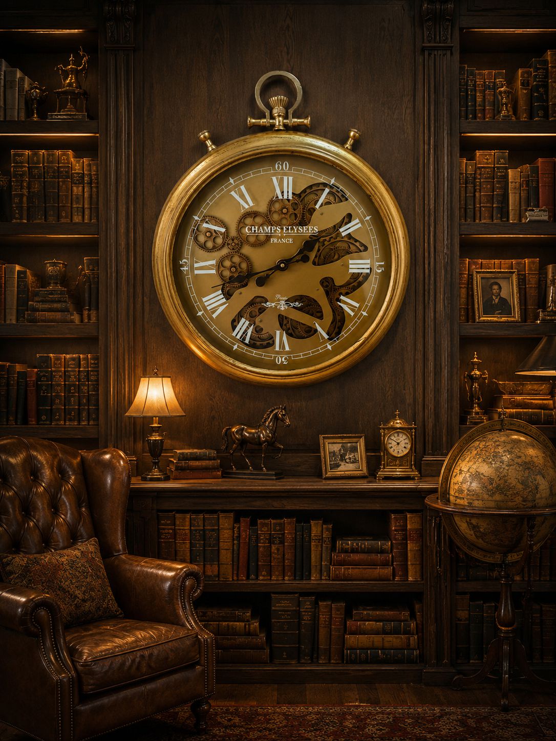 Decorative clock on a wall in a room with bookshelves and a leather chair.