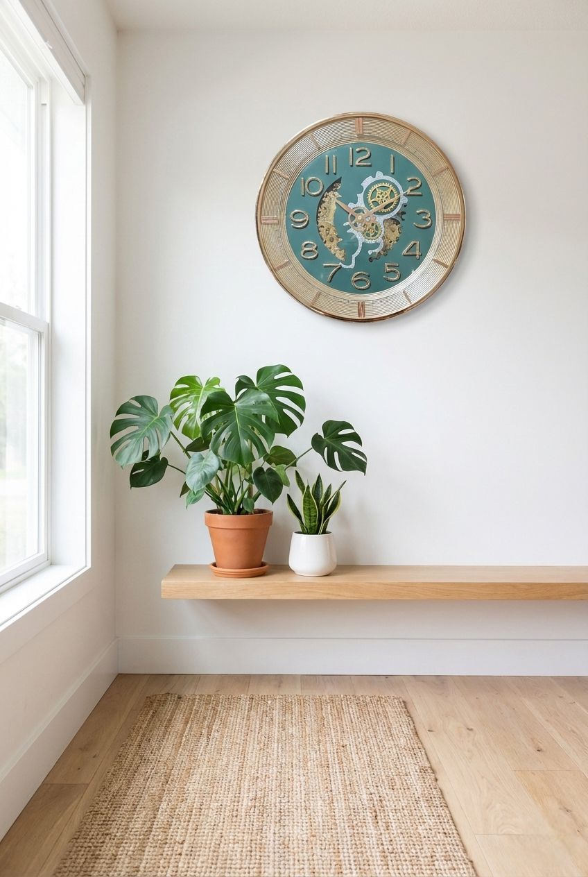 Decorative clock with floral design on a wall above a wooden shelf with plants.