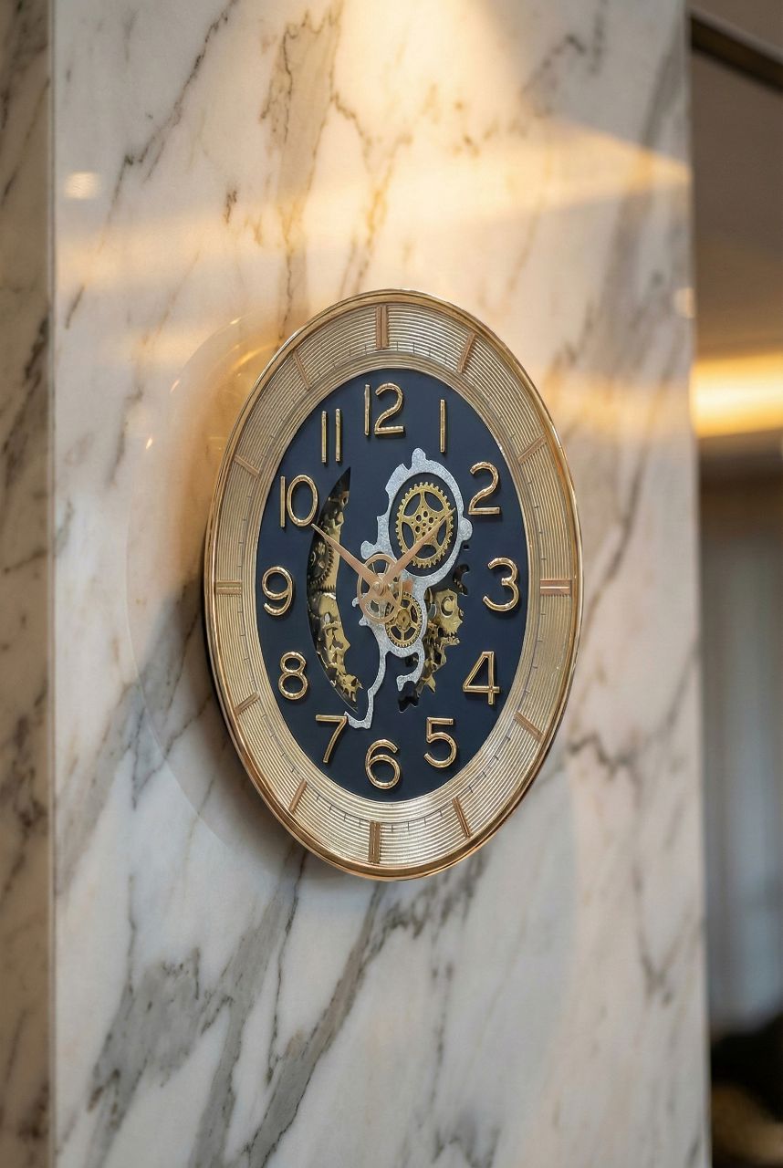 Decorative clock with gold frame and blue face on a marble wall