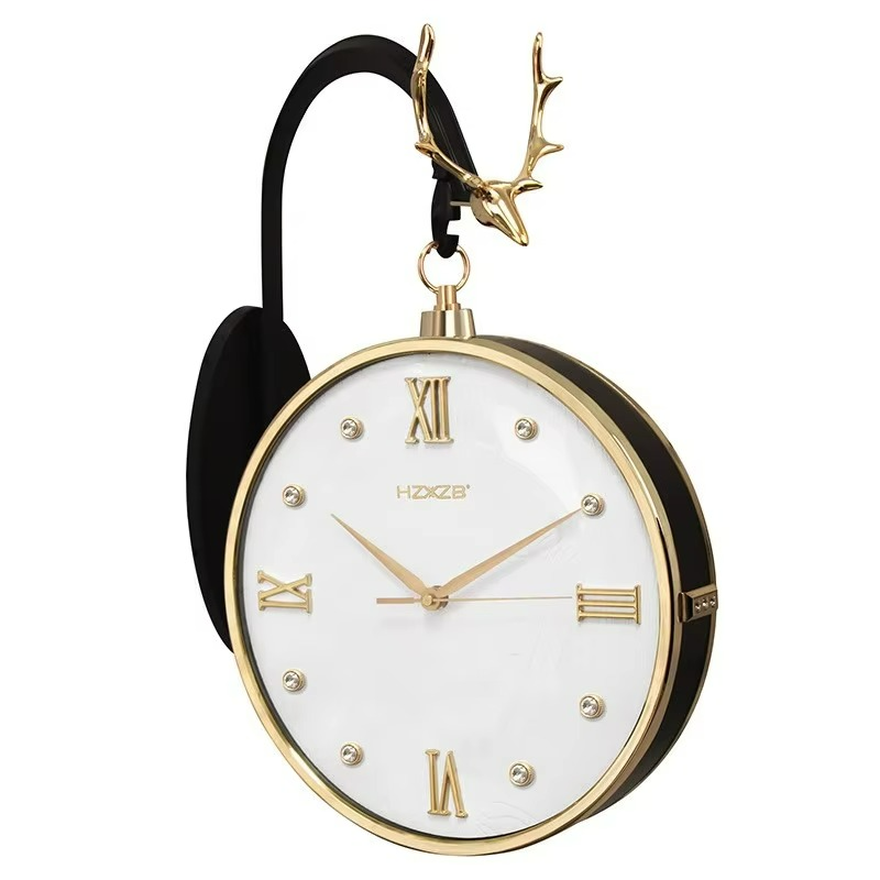 Decorative clock with gold rim and Roman numeral markers on a white background