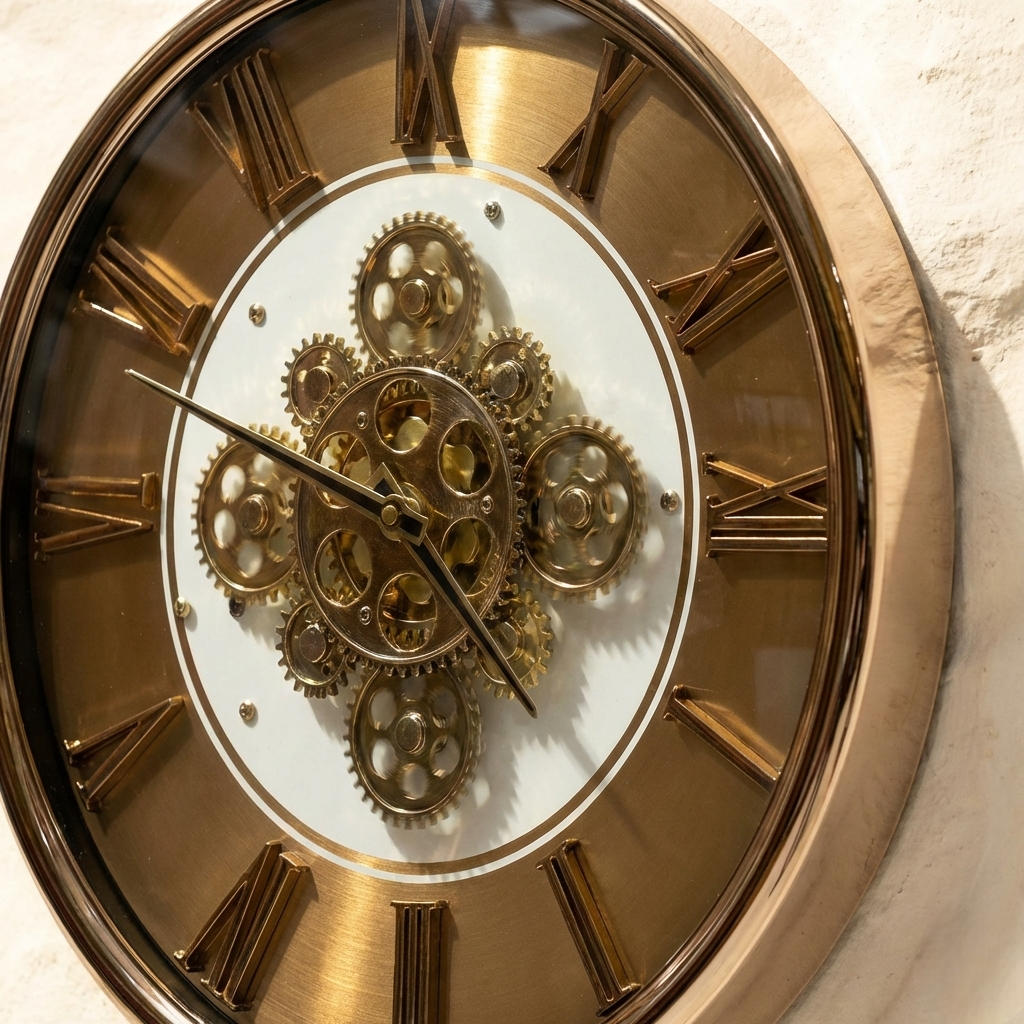 Decorative clock with mechanical gears and gold Roman numerals on a light background