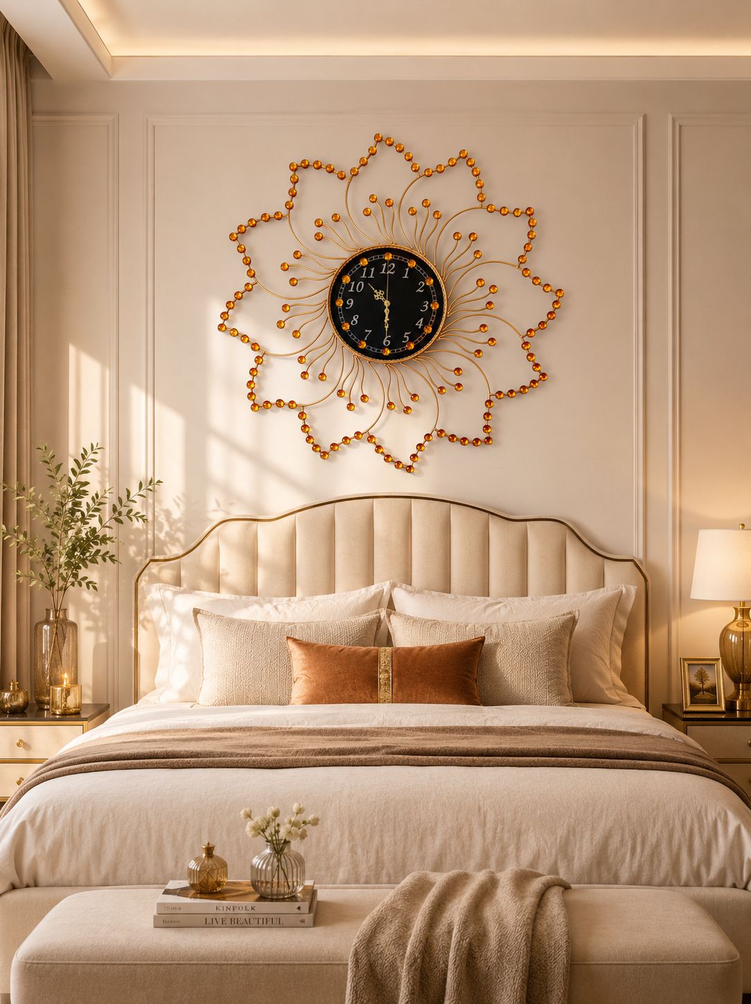 Decorative floral metal wall clock with amber crystal accents in elegant bedroom interior