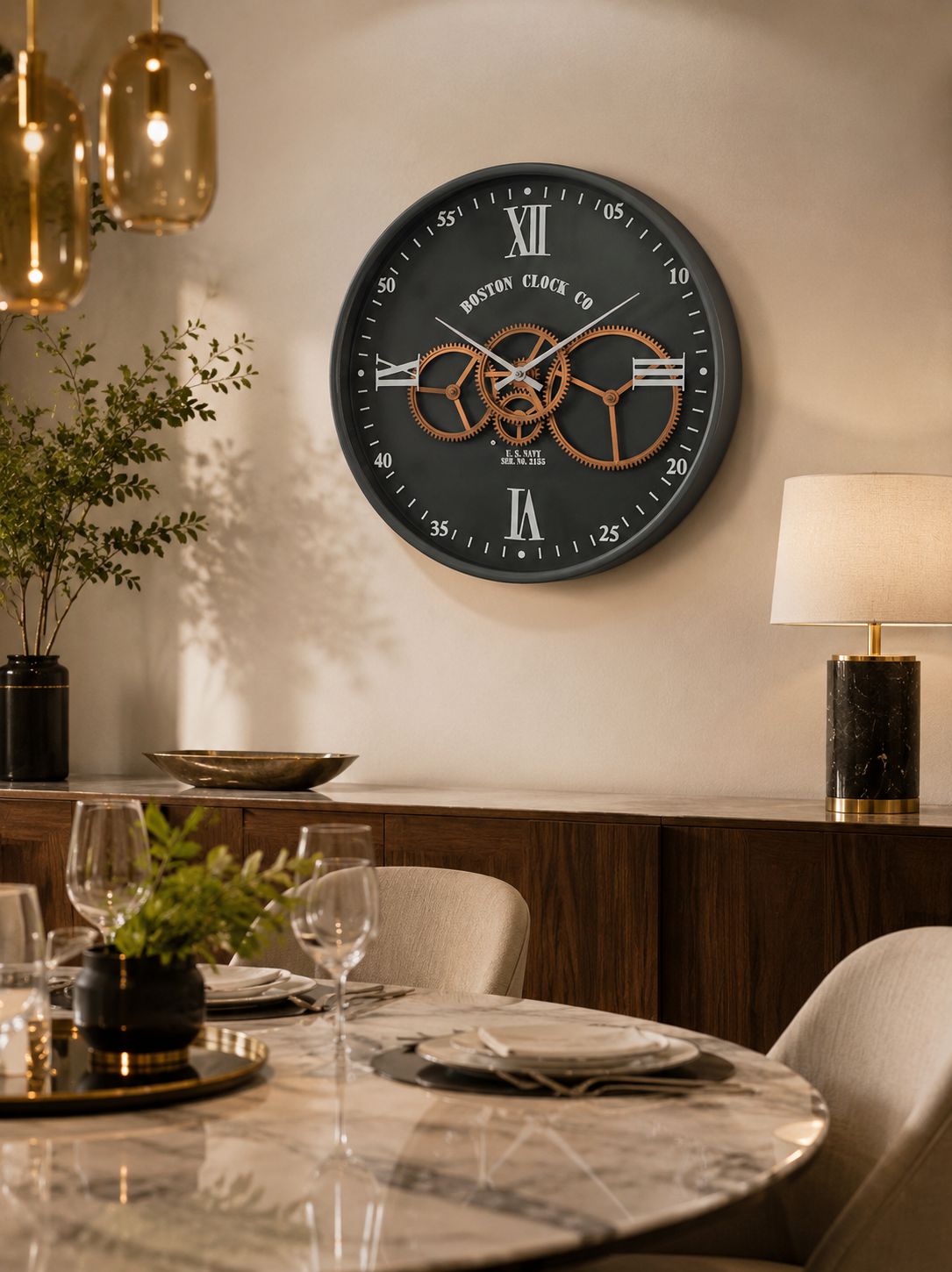 Decorative industrial wall clock installed in elegant dining room setting