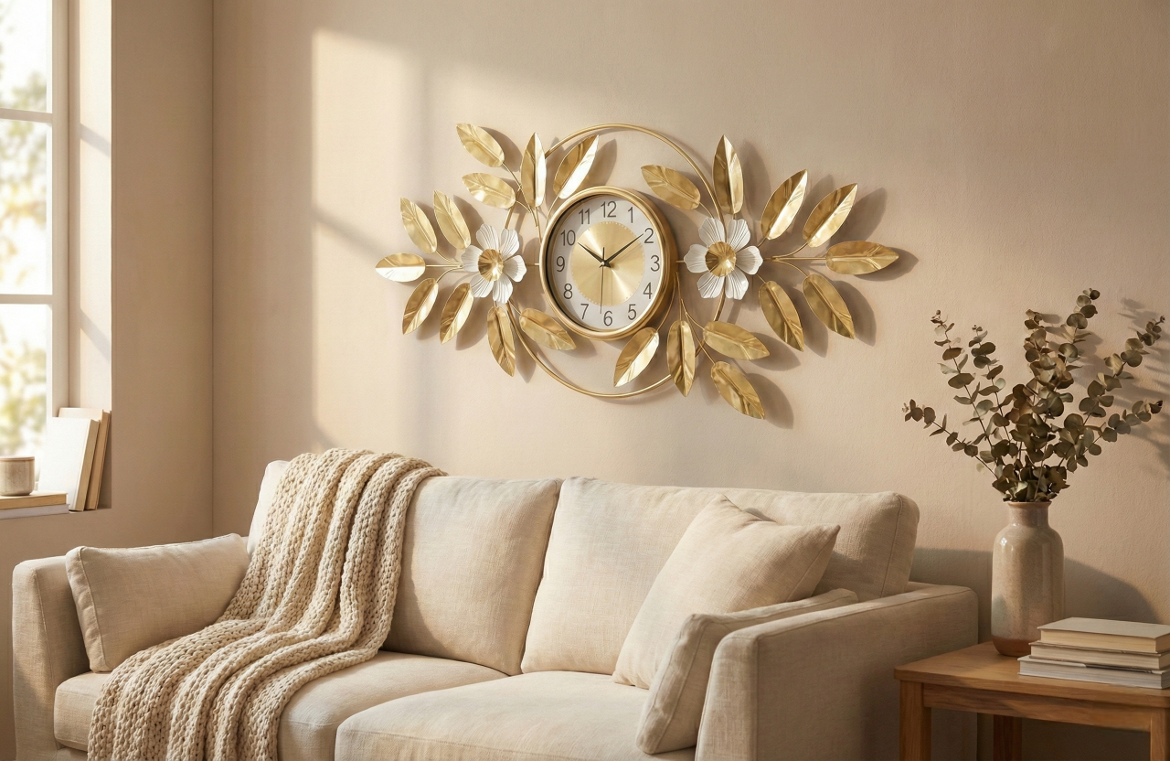 Decorative iron wall hanging clock 119cm wide above sofa.