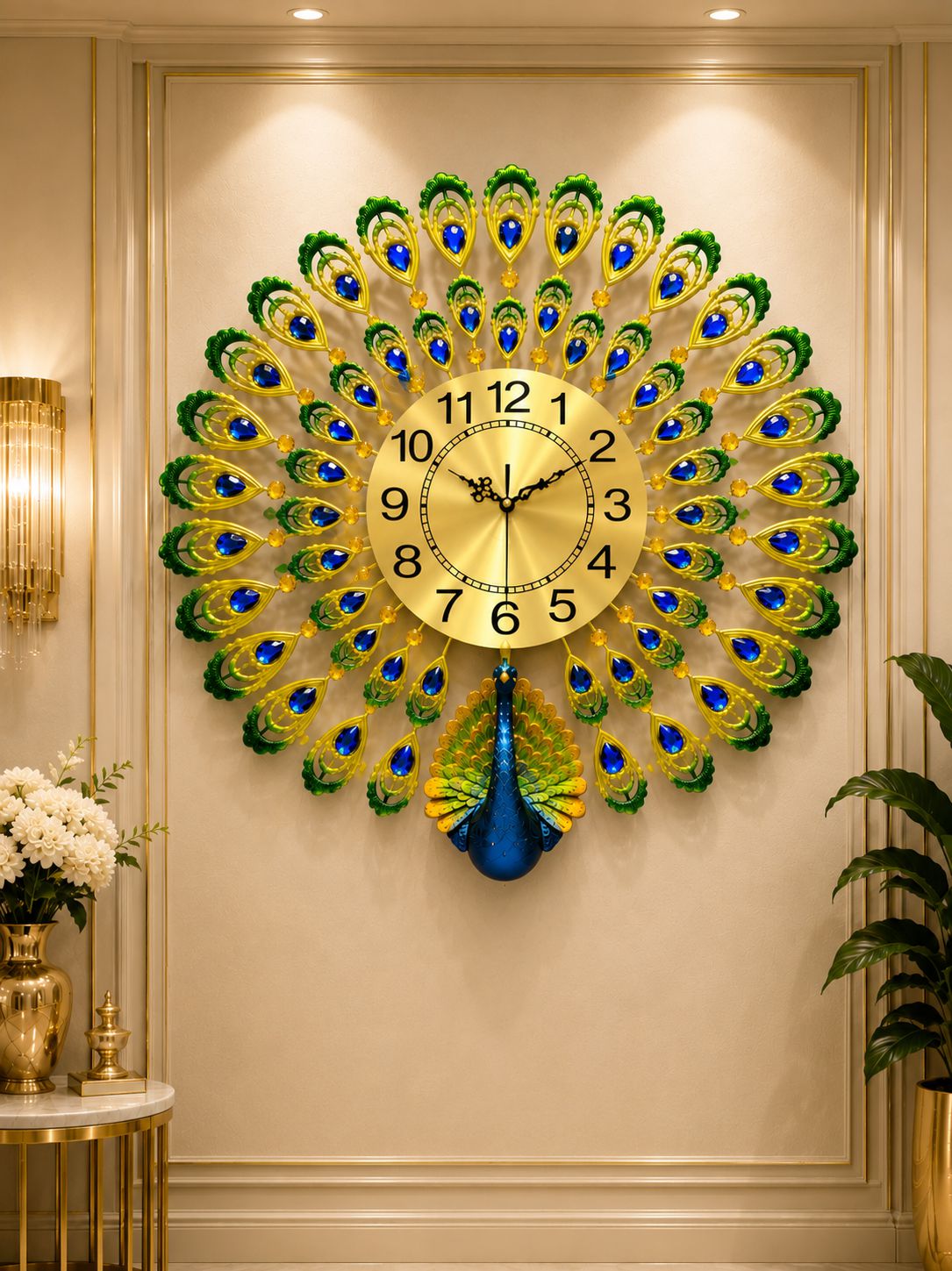 Decorative metal peacock wall clock with ceramic body and crystal feather accents