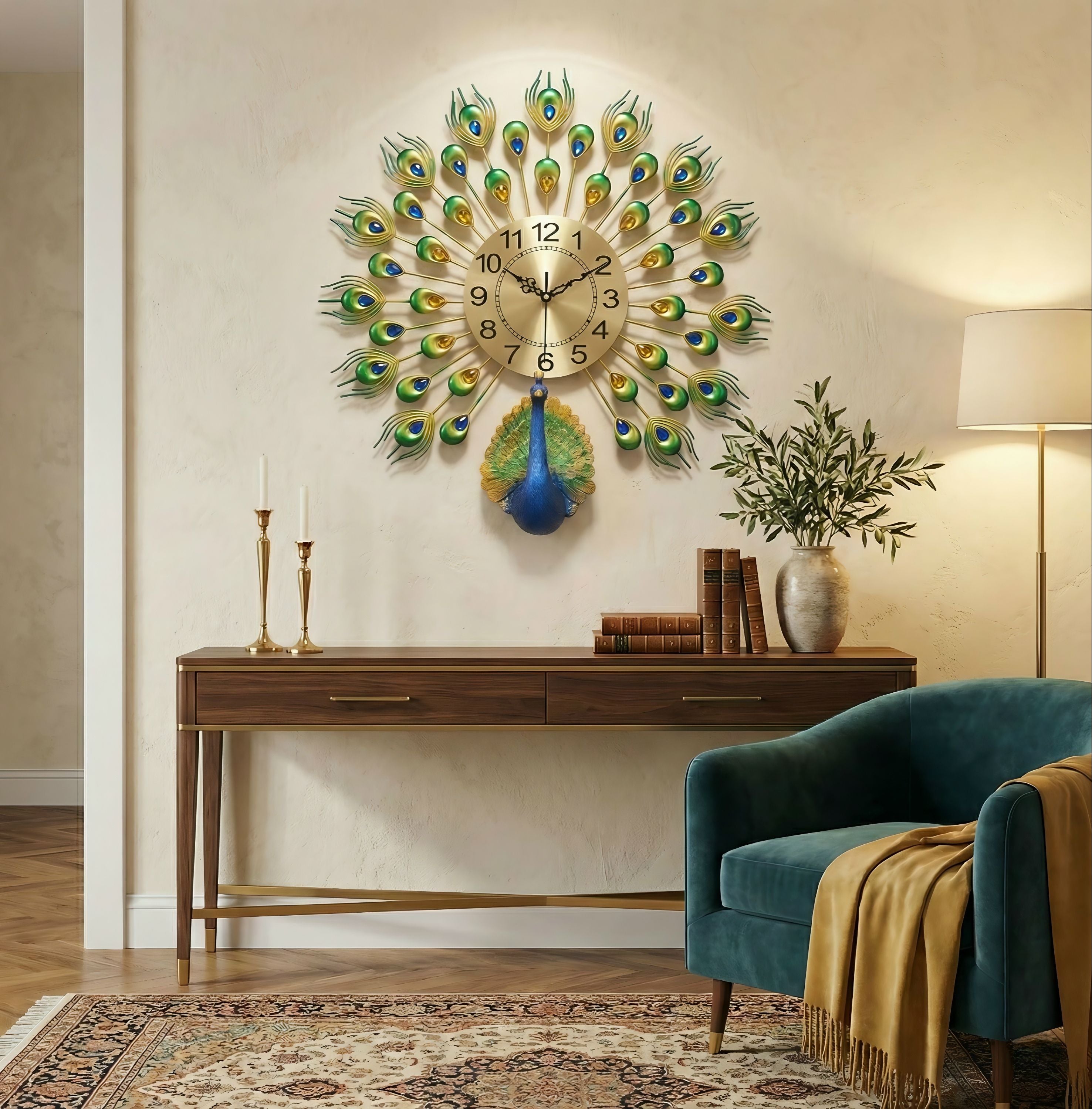 Decorative peacock feather wall clock in a living room setting.