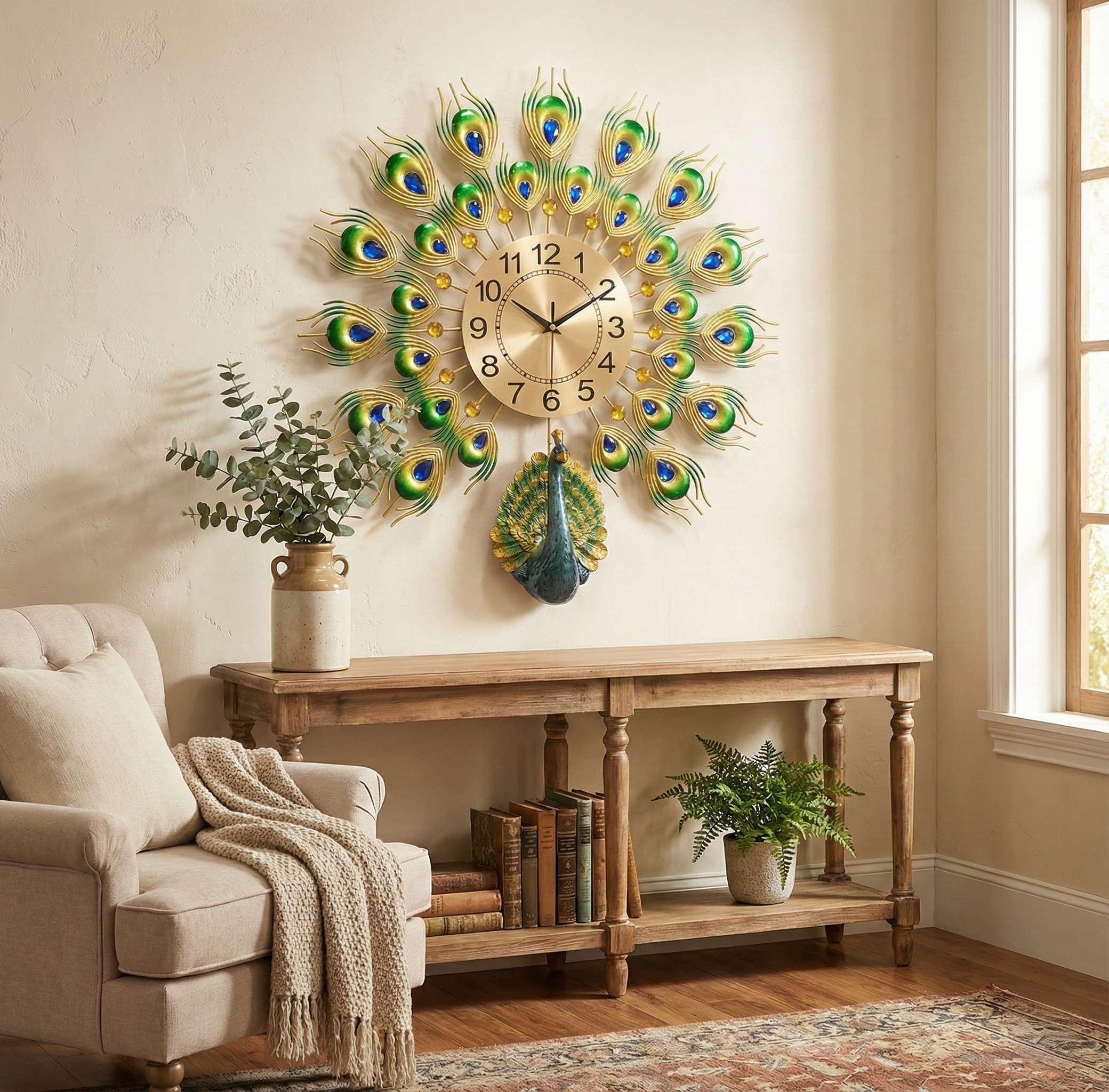 Decorative peacock feather wall clock in a living room setting with a sofa and console table.