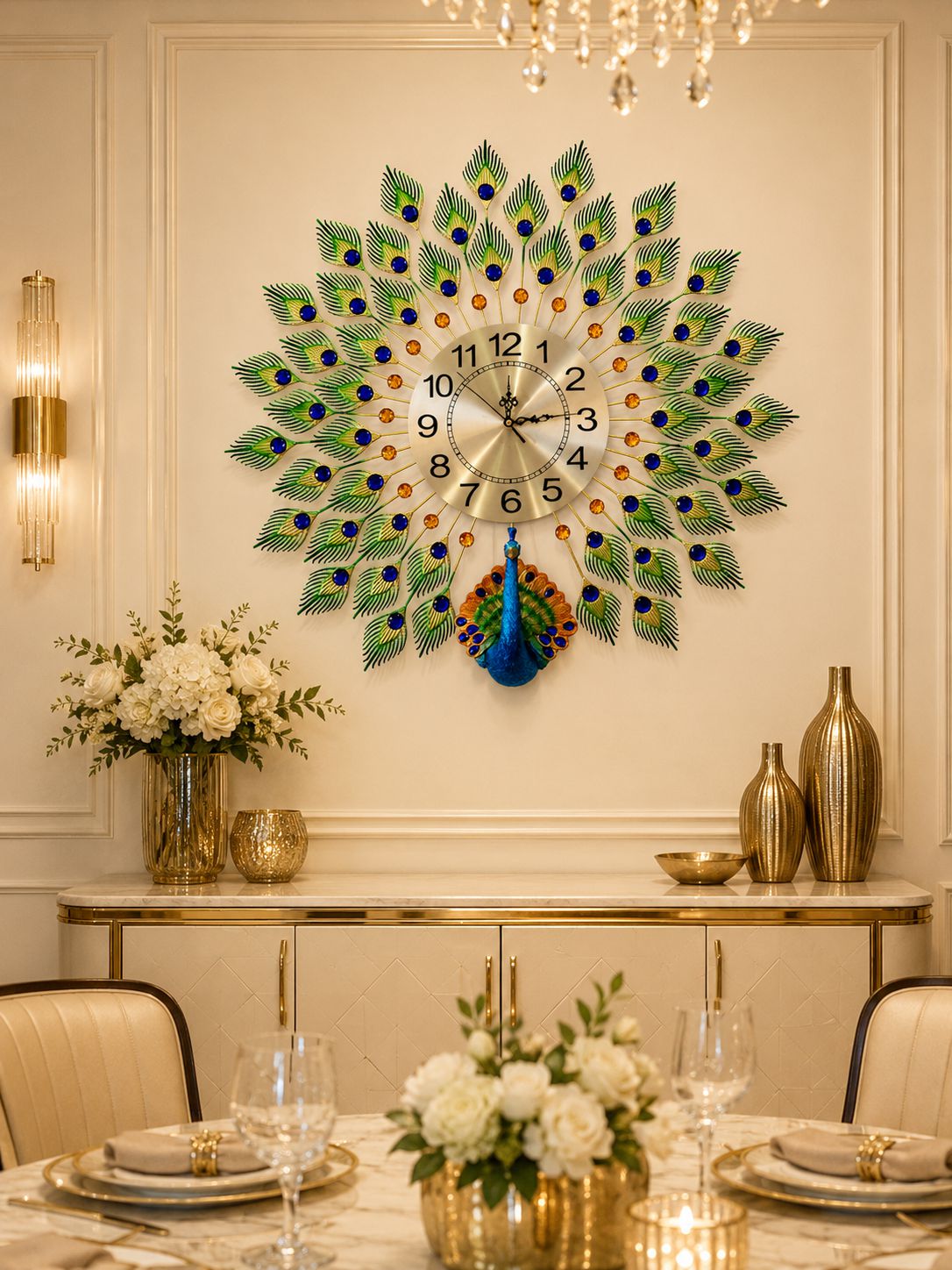 Decorative peacock feather wall clock in a stylish room with a table setting.