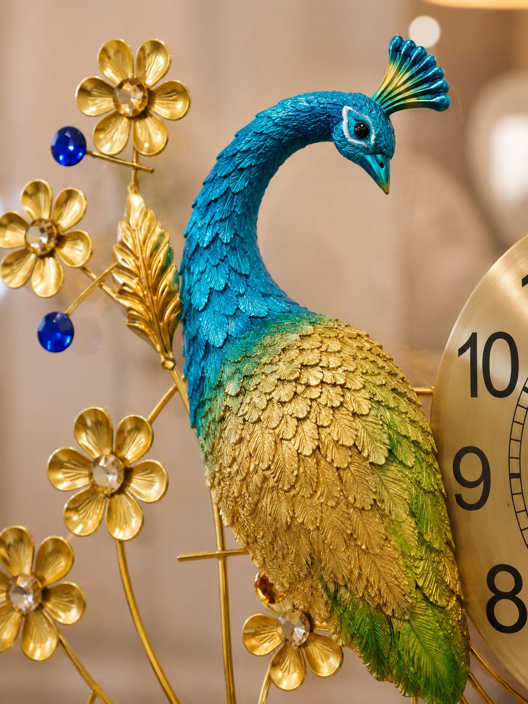 Decorative peacock figure with gold flowers and a clock in the background