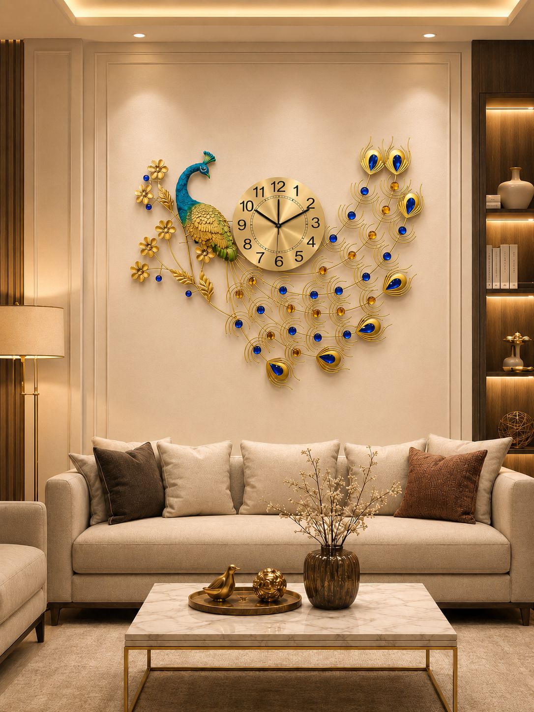 Decorative peacock wall clock in a living room setting with a sofa and coffee table.