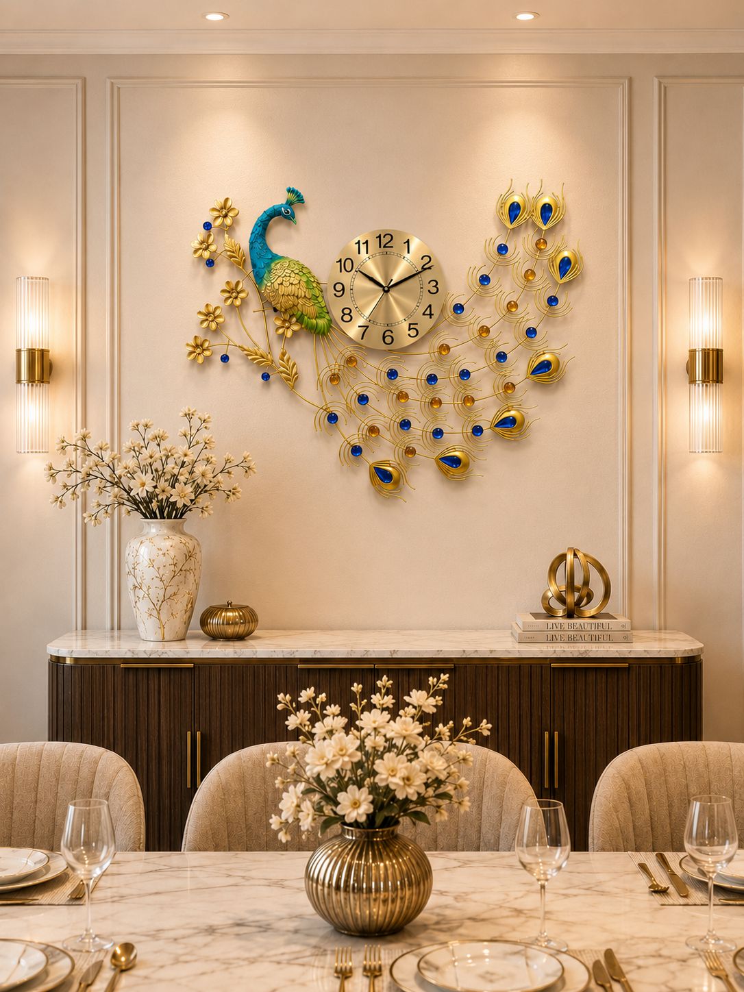 Decorative peacock wall clock in a stylish interior setting with a table and chairs.