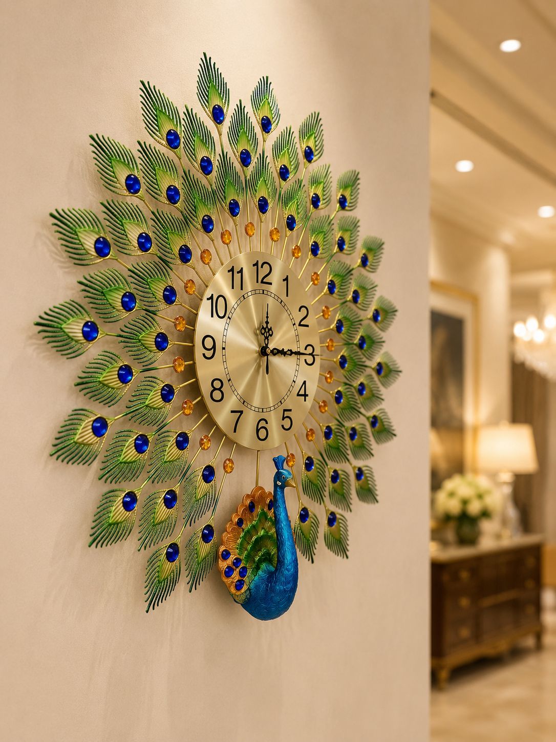 Decorative peacock wall clock shaped like a peacock on a wall.