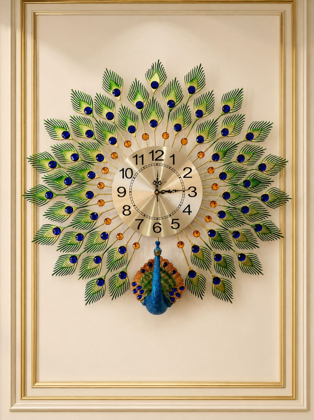 Decorative peacock wall clock with peacock feather design on a beige background