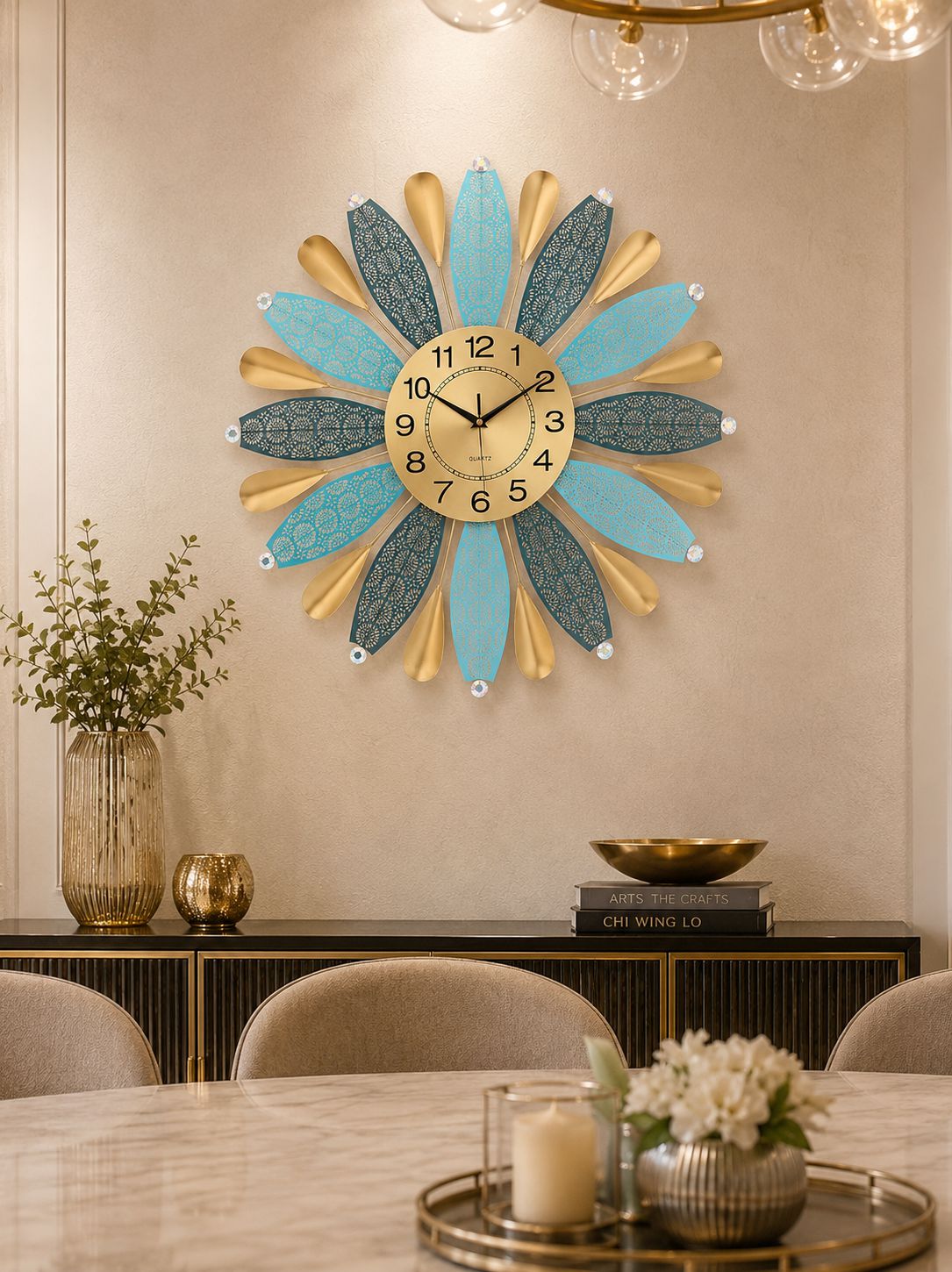 Decorative sunburst wall clock mounted above dining area for sophisticated interior styling