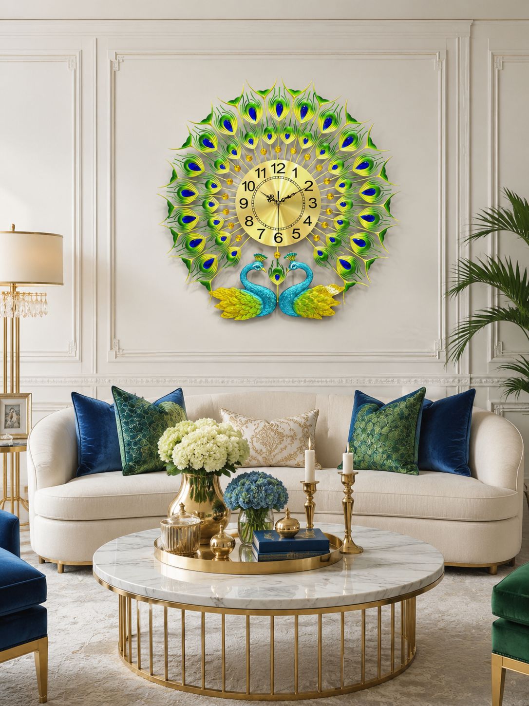 Decorative twin peacock wall clock displayed in elegant luxury living room