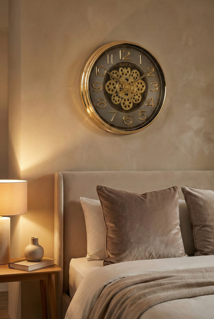 Decorative wall clock above a bed in a bedroom setting