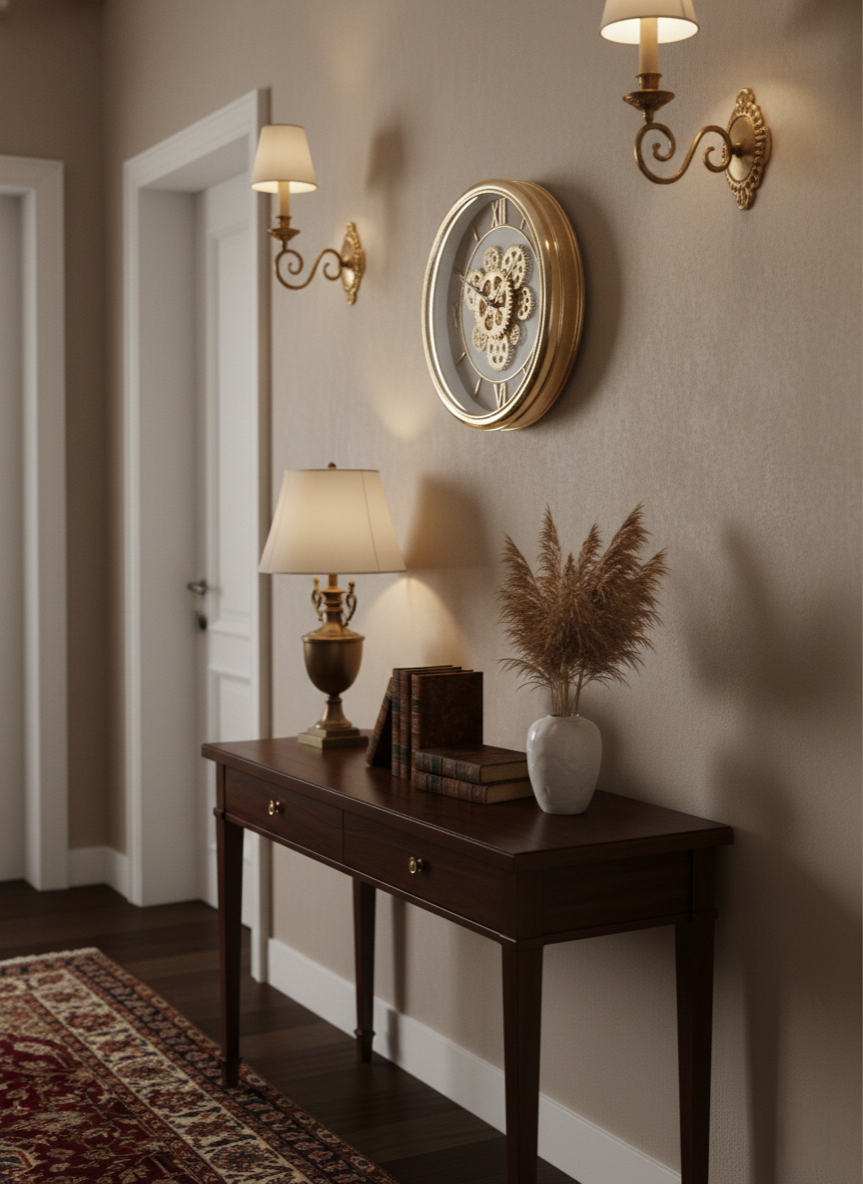 Decorative wall clock above a wooden console table with a lamp and books in a hallway.