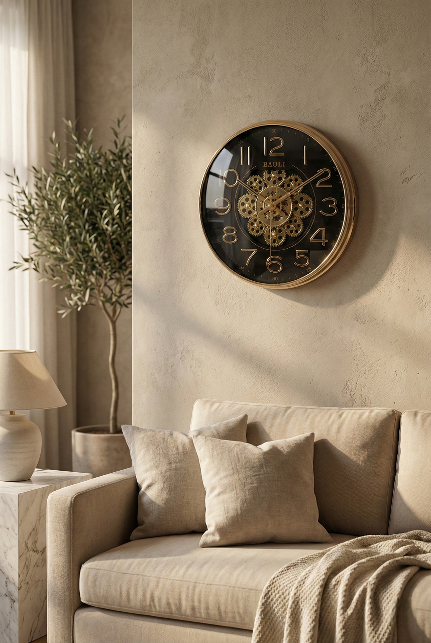 Decorative wall clock on a beige wall above a sofa in a living room.