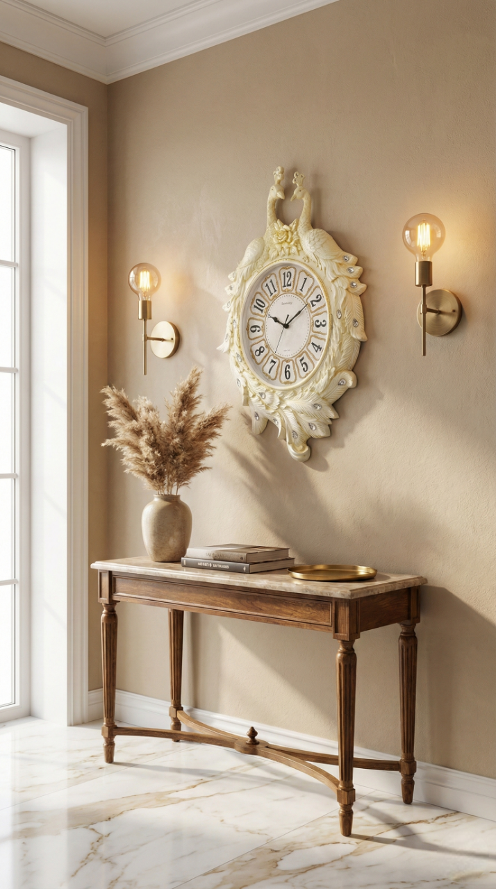 Decorative wall clock on a beige wall with a wooden console table below.