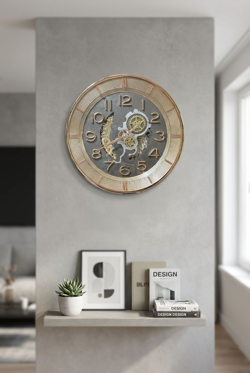 Decorative wall clock on a gray wall with books and a plant below.