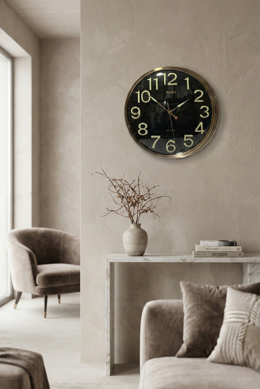Decorative wall clock on a neutral wall in a living room setting.