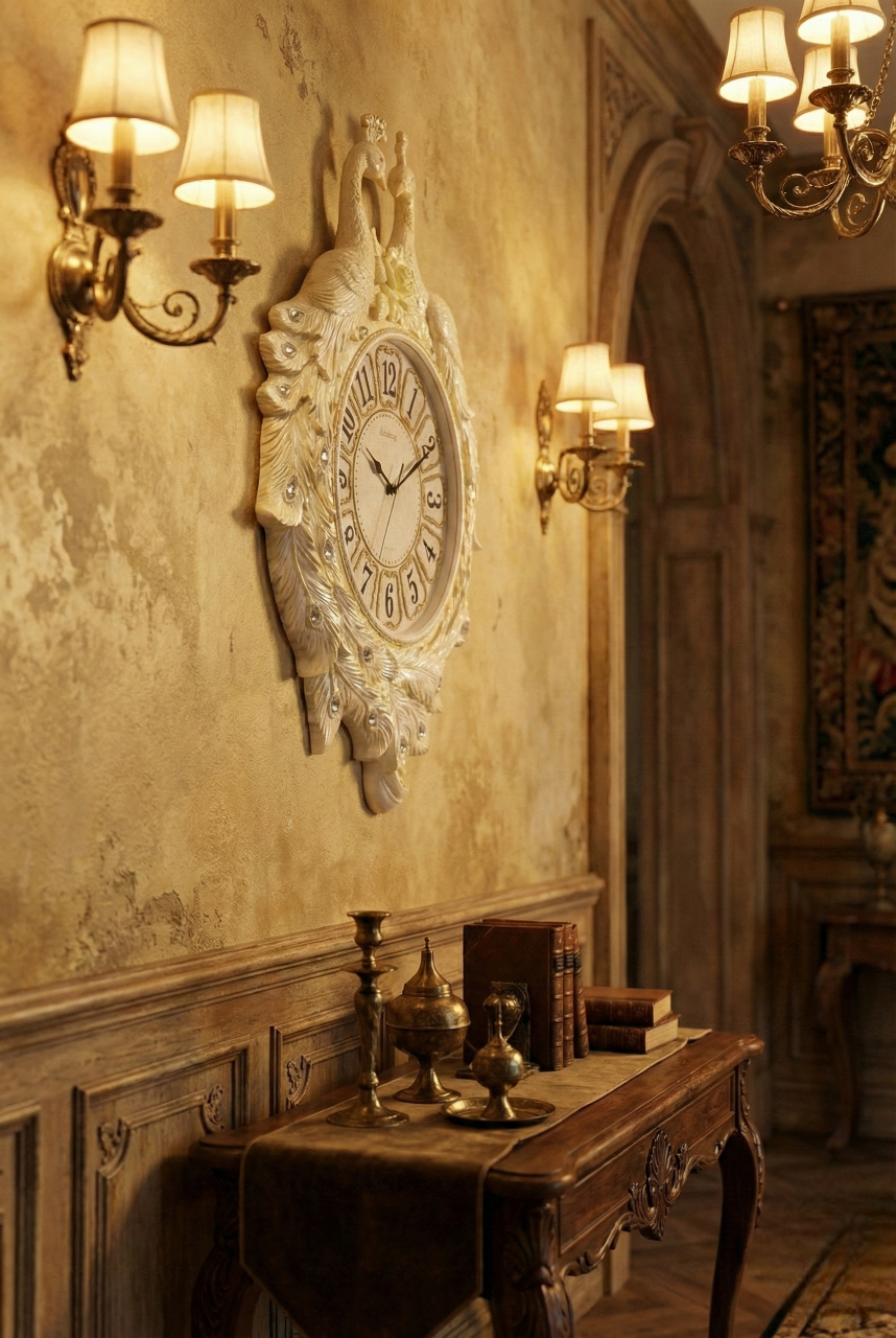 Decorative wall clock on a textured wall with wall sconces and a wooden console table.