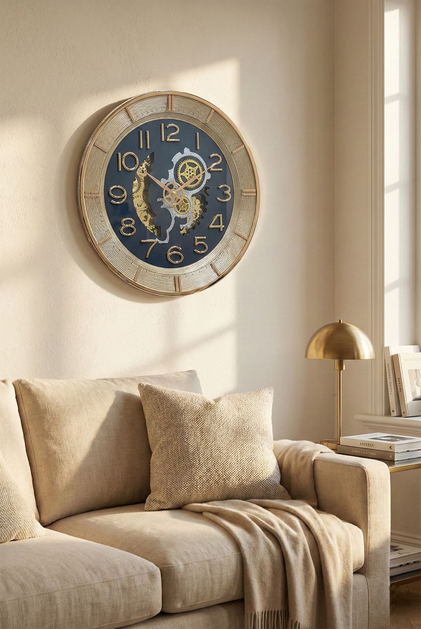 Decorative wall clock on a wall above a beige sofa in a living room.