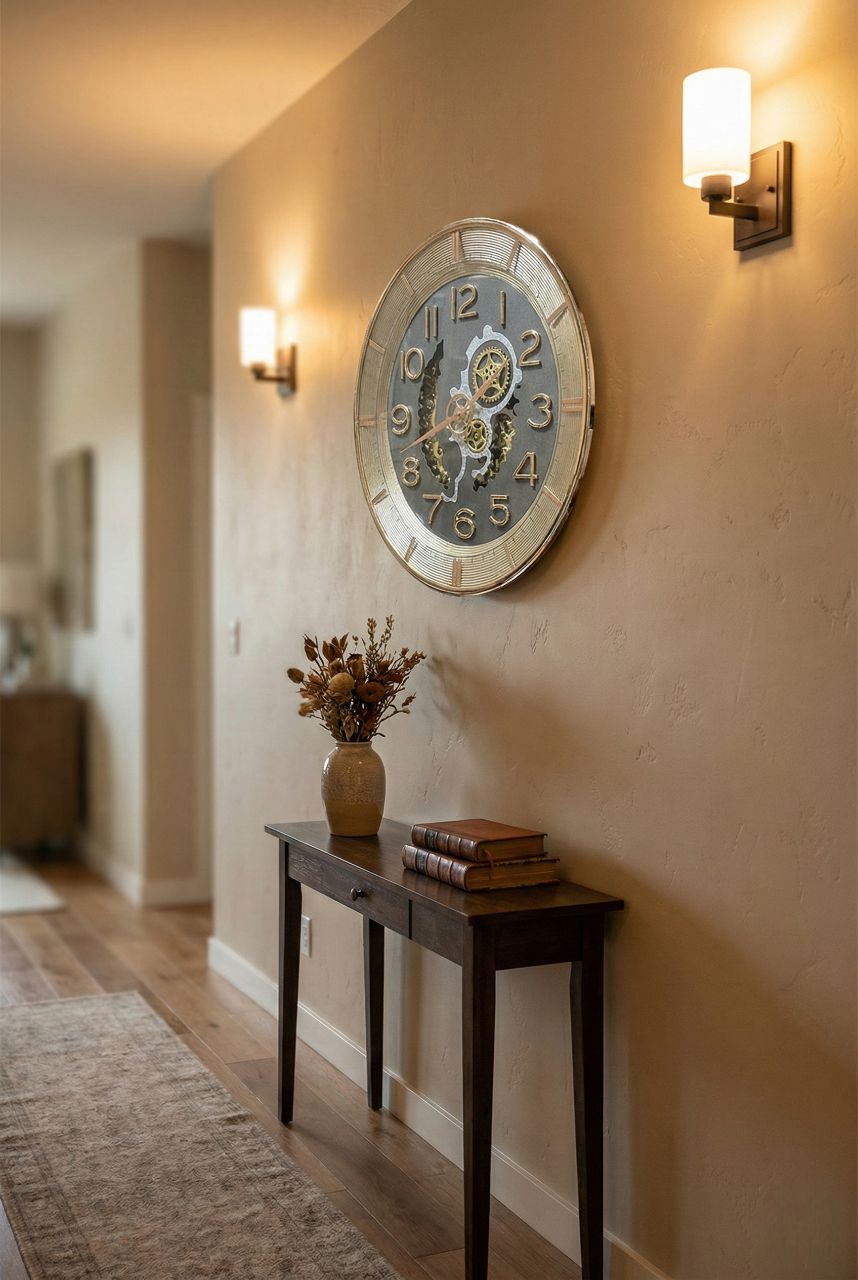 Decorative wall clock on a wall above a wooden console table with a vase and books.