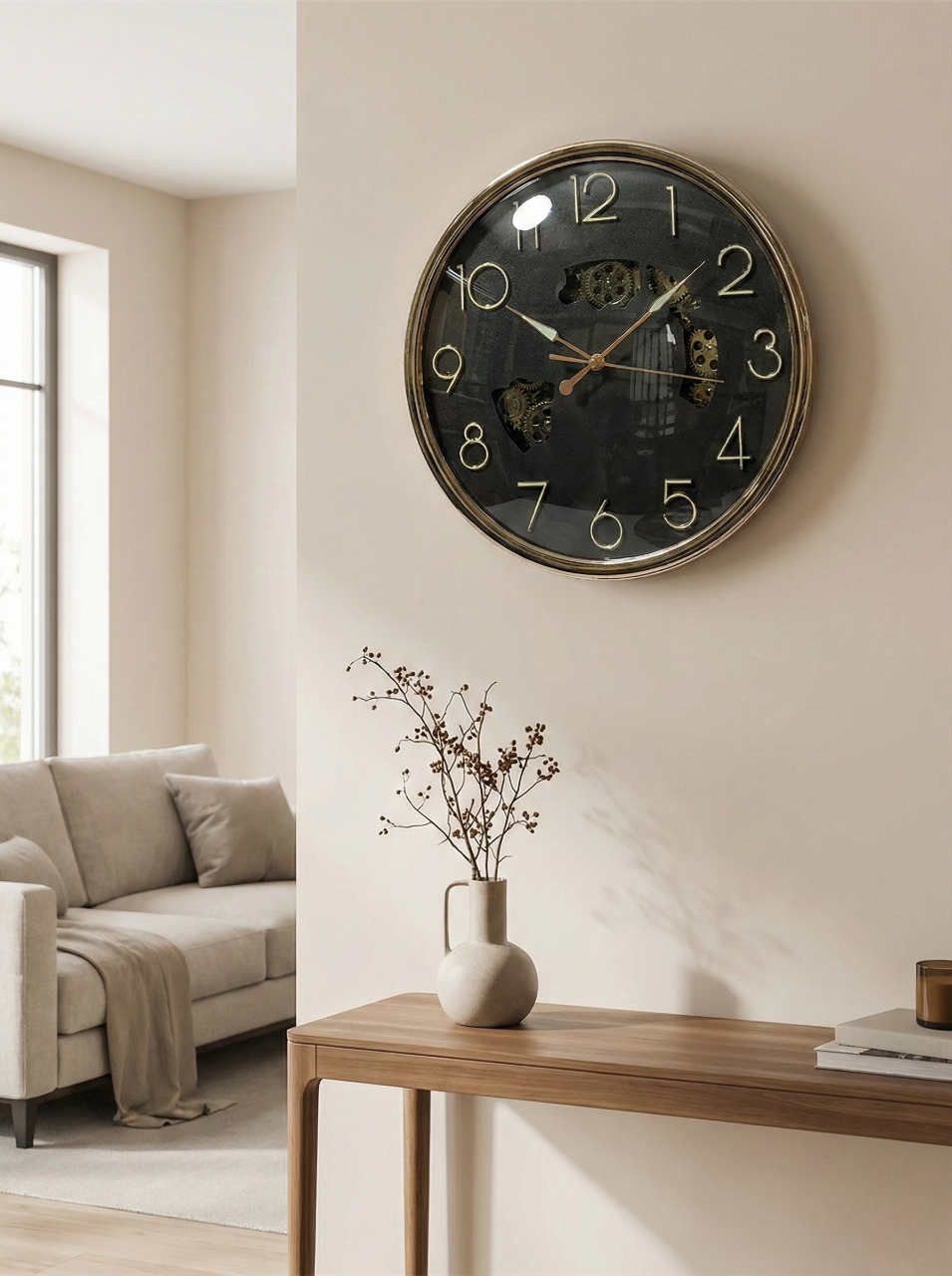 Decorative wall clock on a wall in a living room setting with a vase and plant.