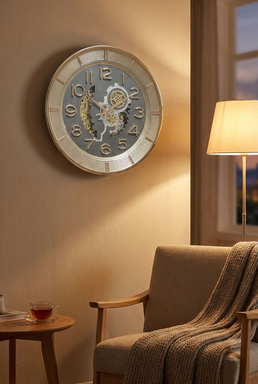 Decorative wall clock on a wall with a chair and lamp in the foreground