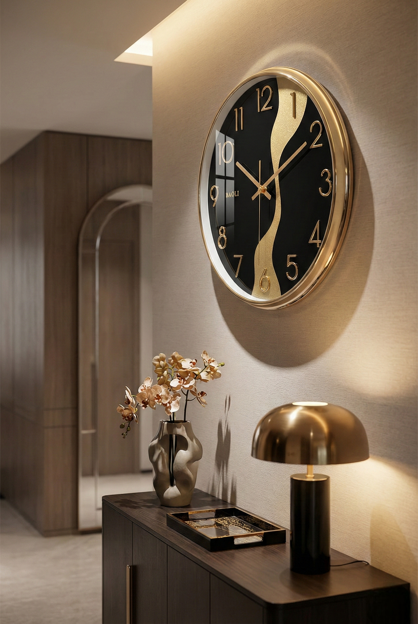 Decorative wall clock on a wall with a lamp and vase on a table below.