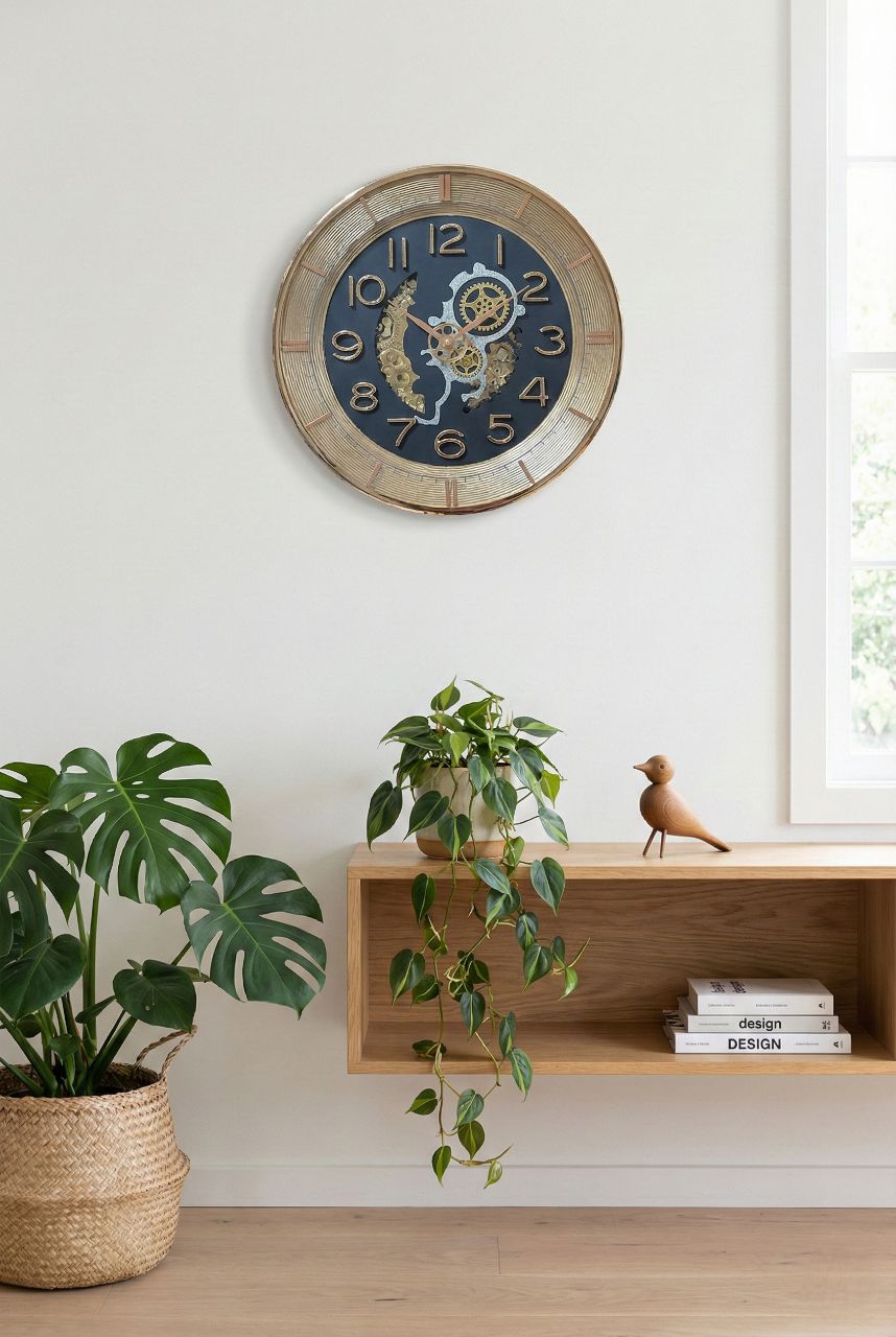 Decorative wall clock on a white wall with plants and a shelf below.