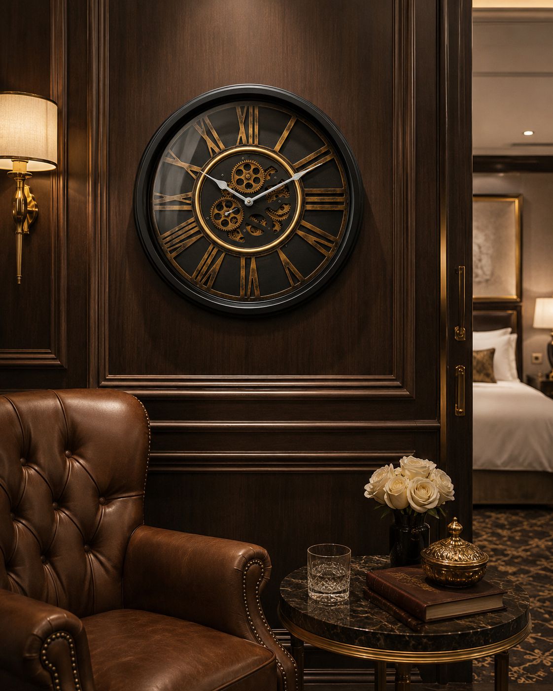 Decorative wall clock on a wooden wall with a brown armchair and table in the foreground.