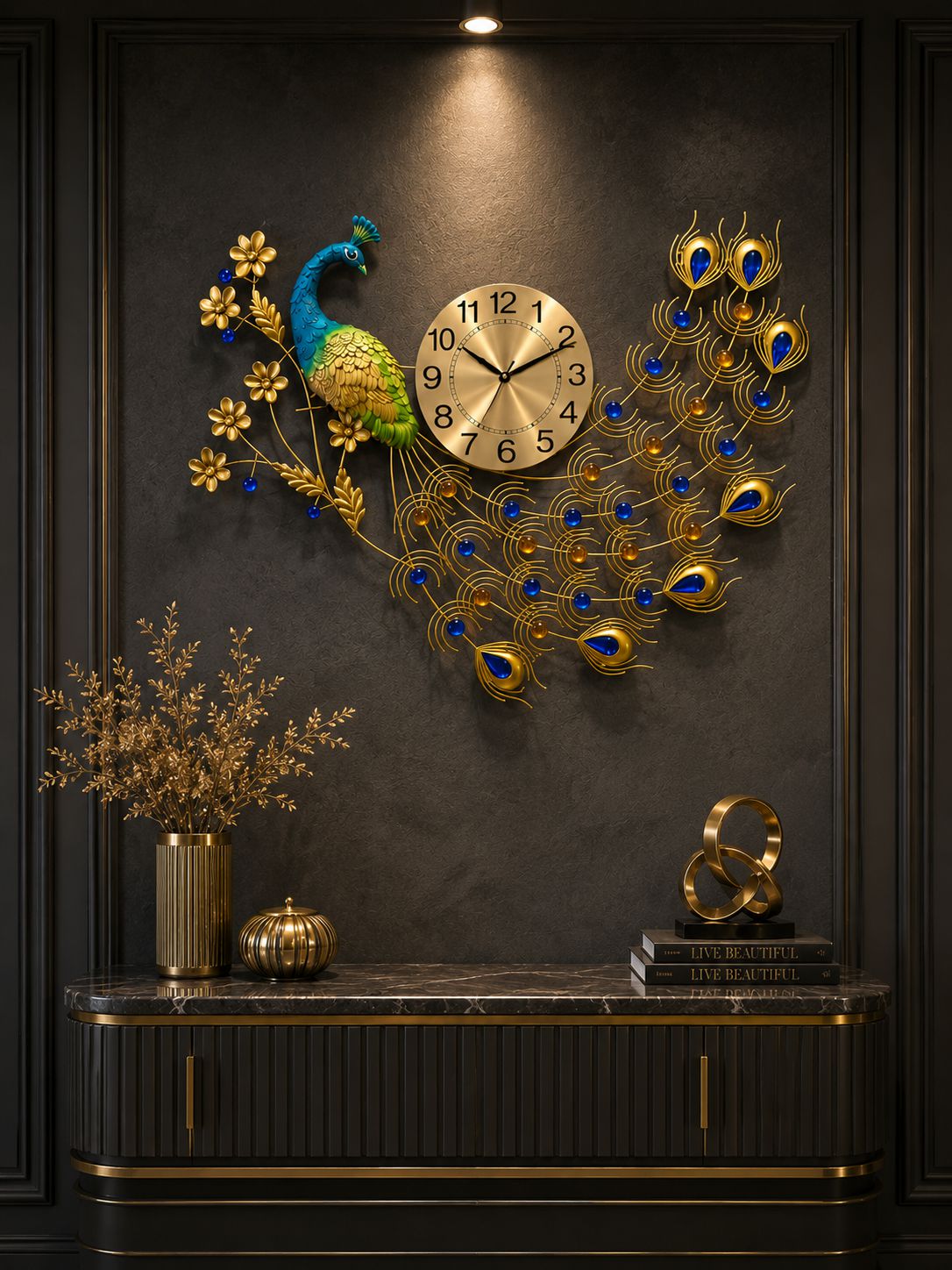 Decorative wall clock shaped like a peacock on a dark wall with decorative elements below.