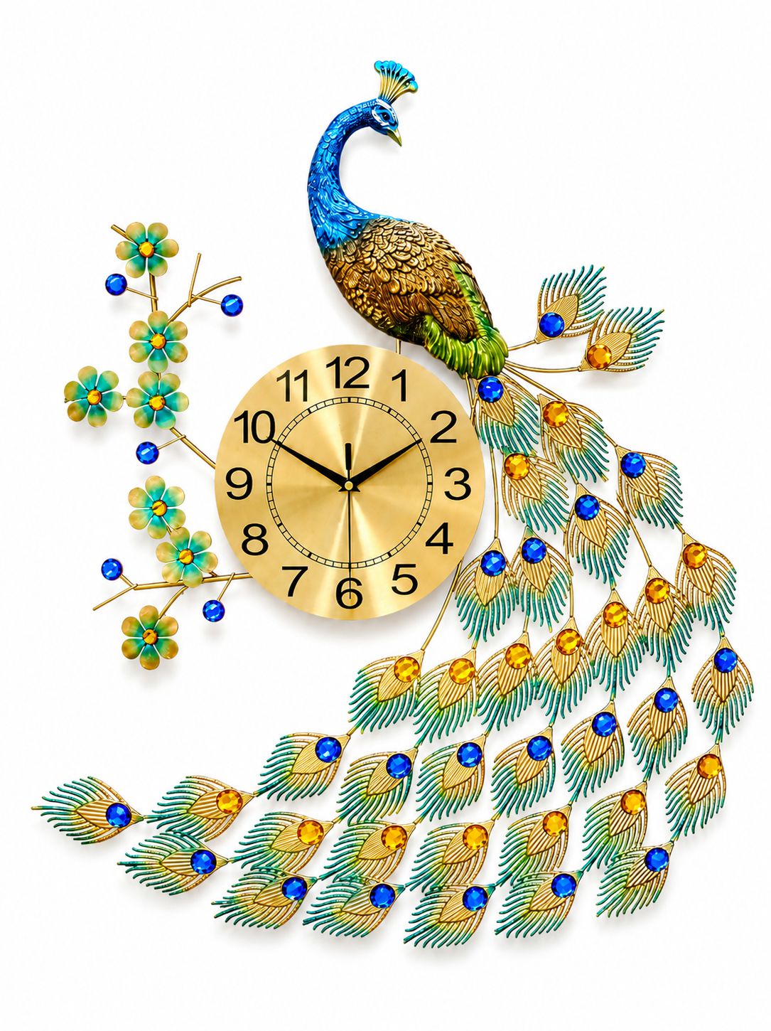 Decorative wall clock shaped like a peacock with detailed feathers and flowers on a white background